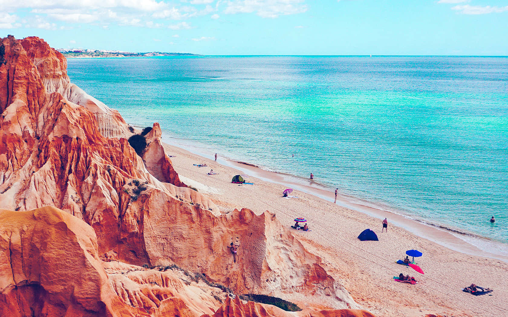 turquoise ocean, golden sand, orange cliffs, HD Desktop Wallpaper