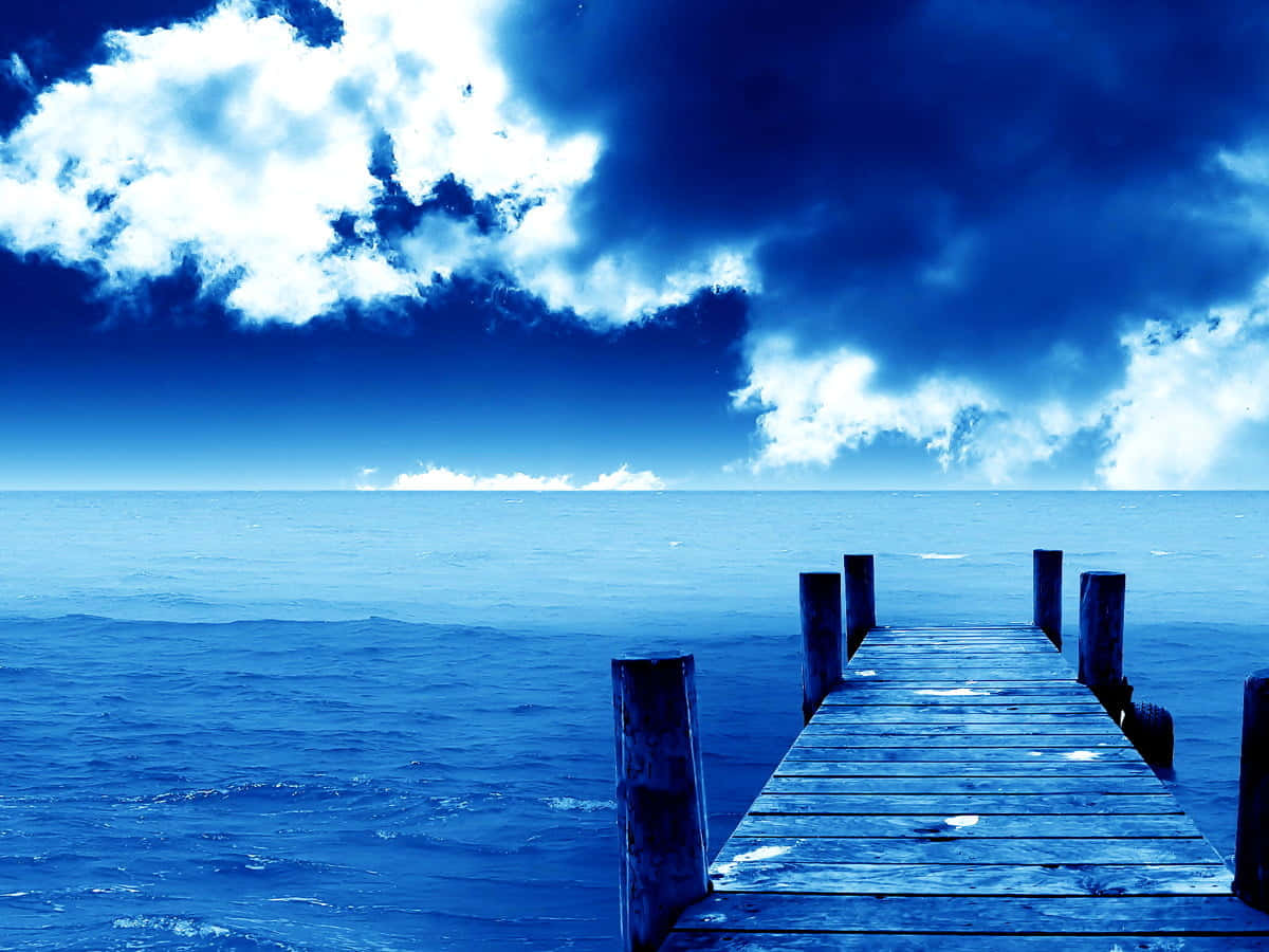 Blue Ocean Pier Clouds Aesthetic, weathered wooden pier, vast blue ocean, SD Desktop Wallpaper