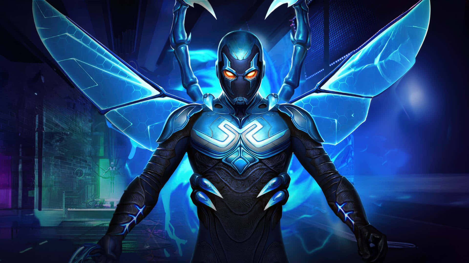 Blue Beetle, glowing blue wings, orange eyes, Full HD Desktop Wallpaper