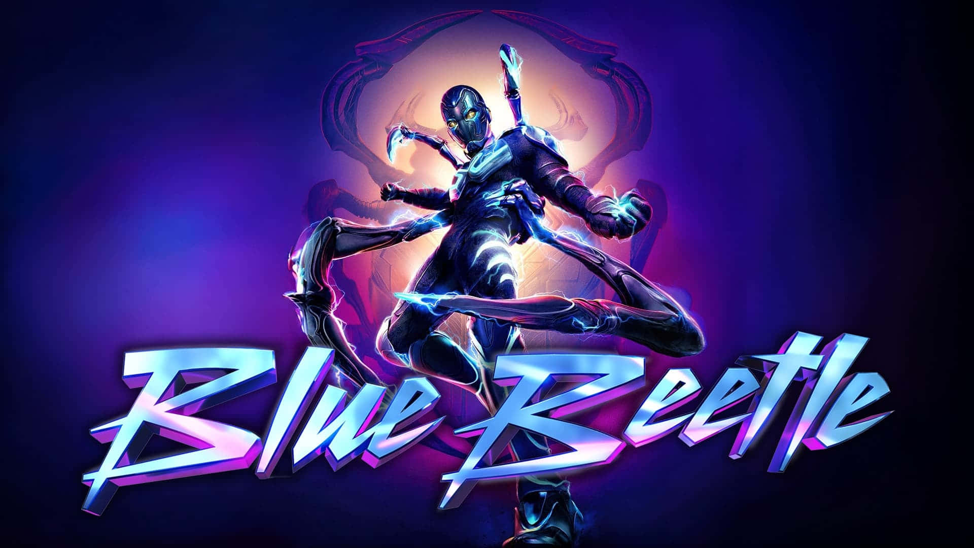 Blue Beetle, glowing blue and purple armored suit, cosmic backdrop, Full HD Desktop Wallpaper