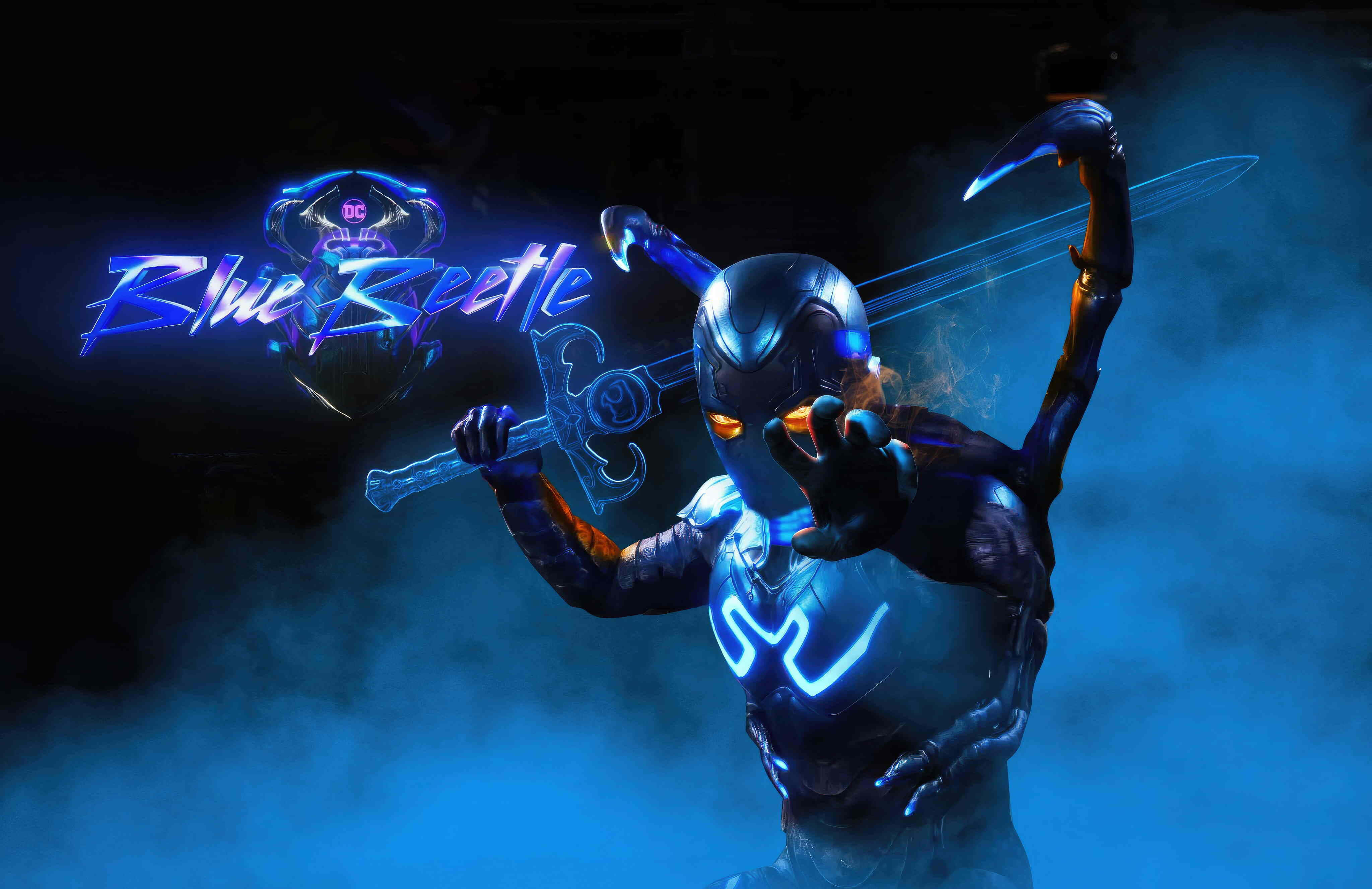 Blue Beetle, glowing blue armor, sword, 4K Desktop Wallpaper