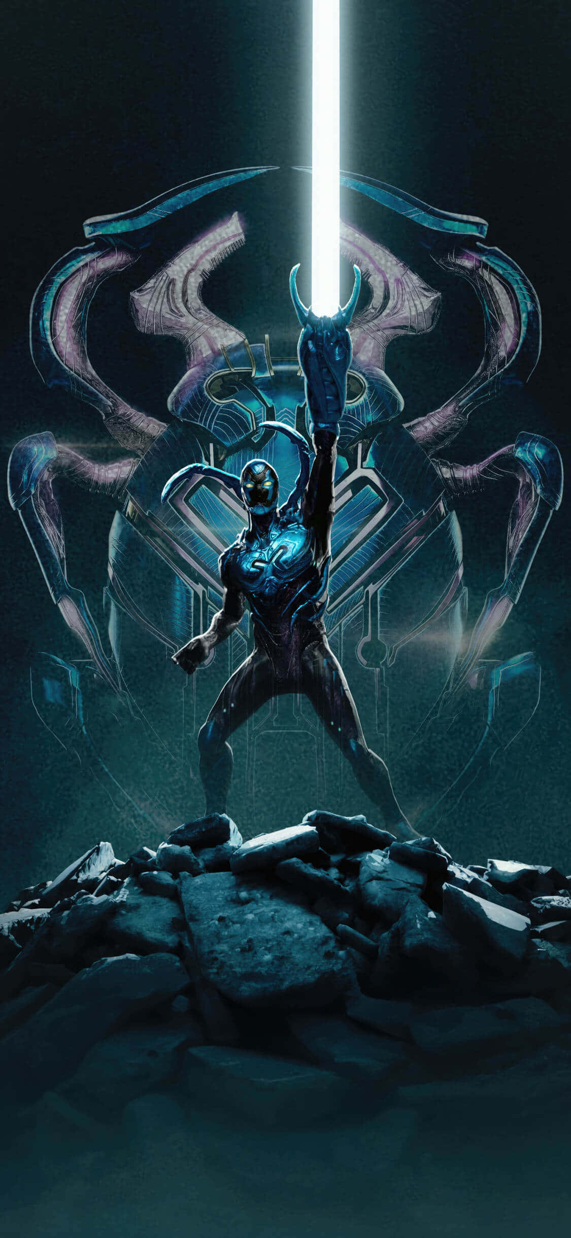 Blue Beetle, glowing blue sword, rocky ruin, Full HD Phone Wallpaper