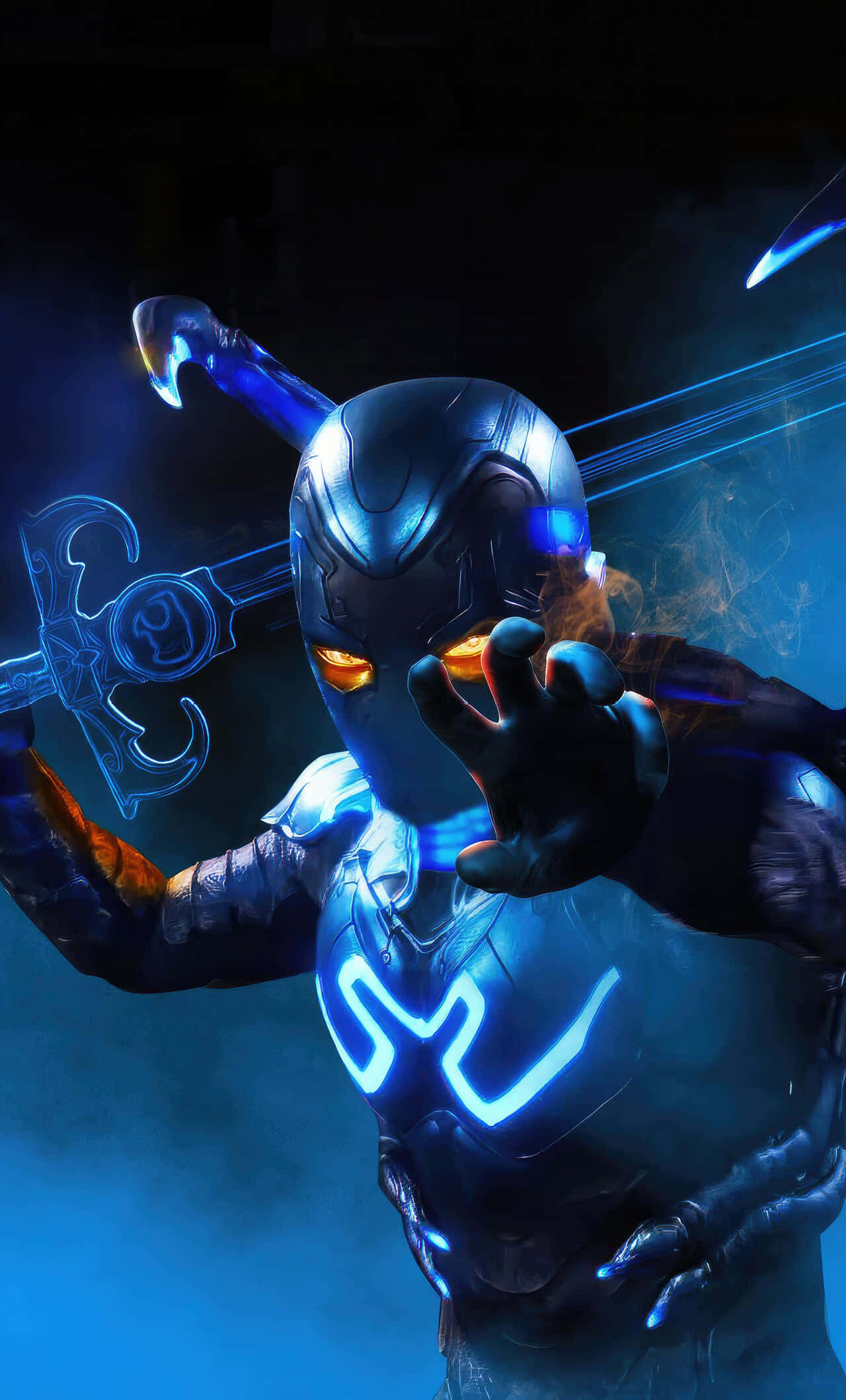 Blue Beetle, glowing orange eyes, blue energy weapons, Full HD Phone Wallpaper