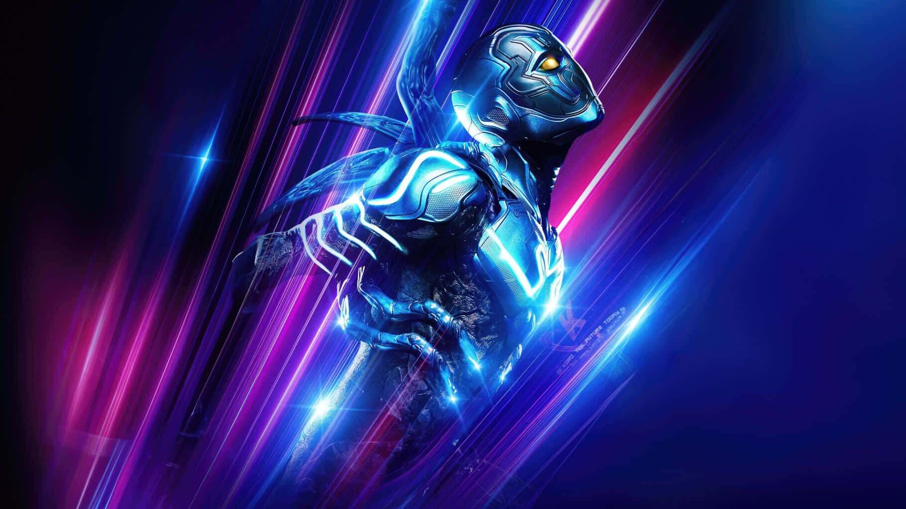Blue Beetle, glowing blue and yellow eyes, vibrant blue and pink neon light, HD Desktop Wallpaper