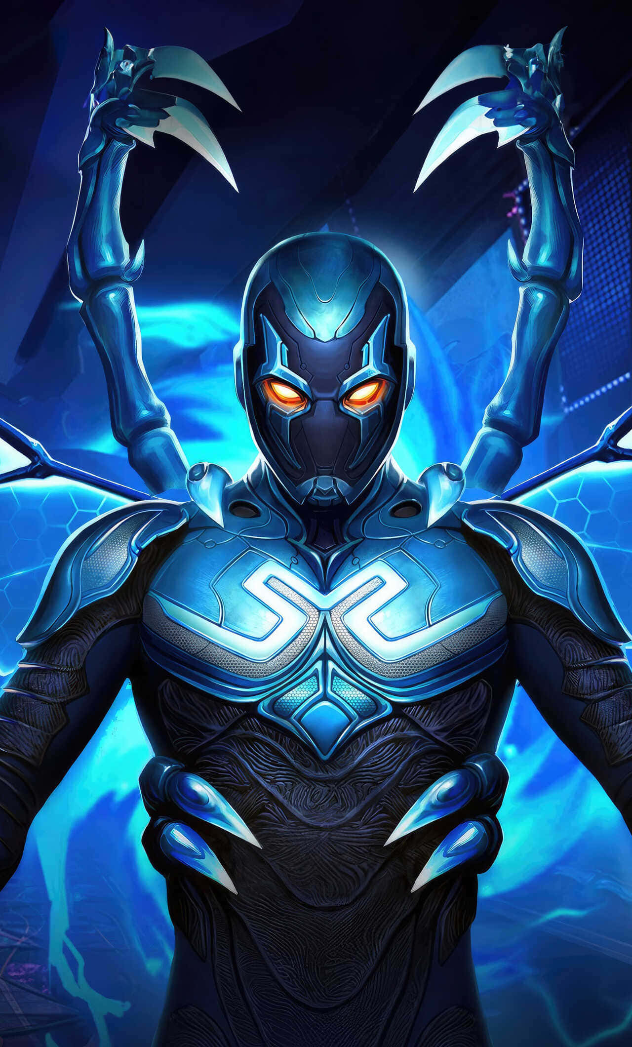Blue Beetle, glowing orange eyes, clawed gauntlets, Full HD Phone Wallpaper