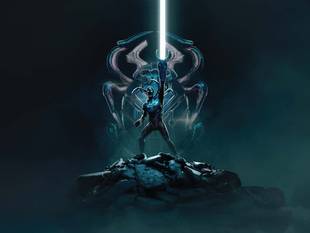 Blue Beetle, glowing sword, rocky outcrop, SD Desktop Wallpaper