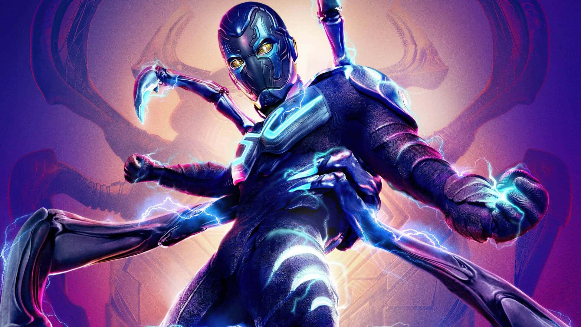 Blue Beetle, glowing blue energy, futuristic armored warrior, Full HD Desktop Wallpaper