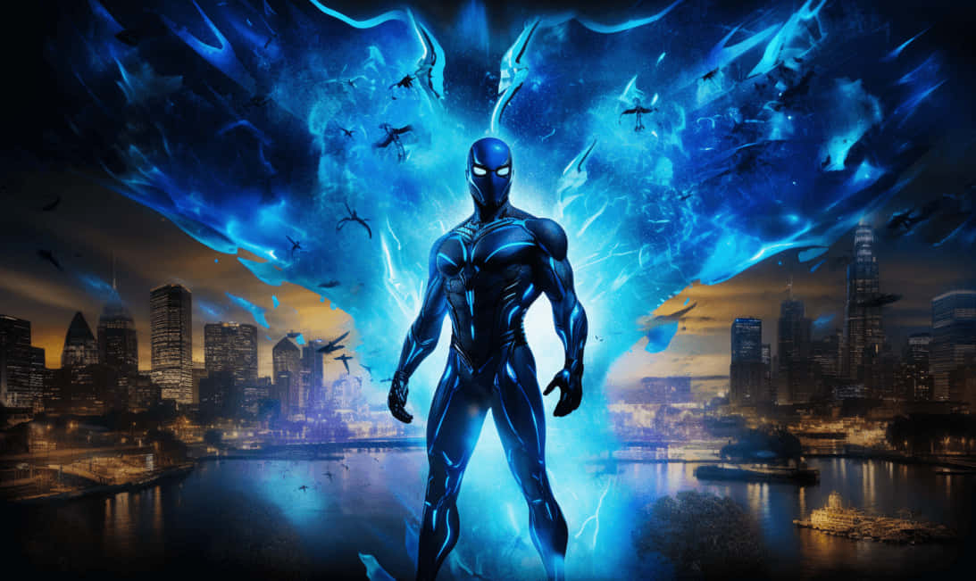 Blue Beetle, stormy cityscape, glowing wings, SD Desktop Wallpaper