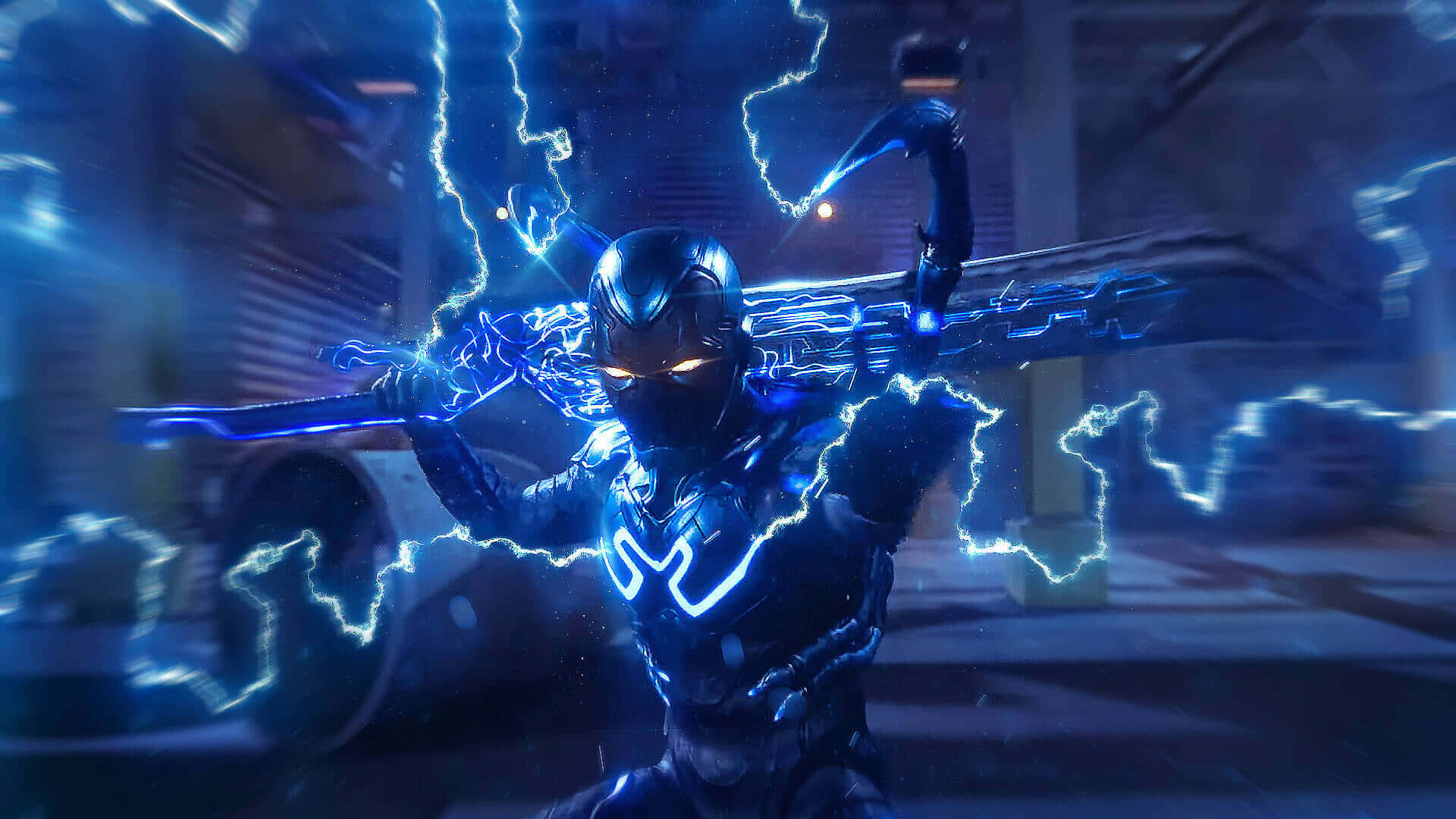 Blue Beetle, glowing blue energy sword, crackling lightning, Full HD Desktop Wallpaper