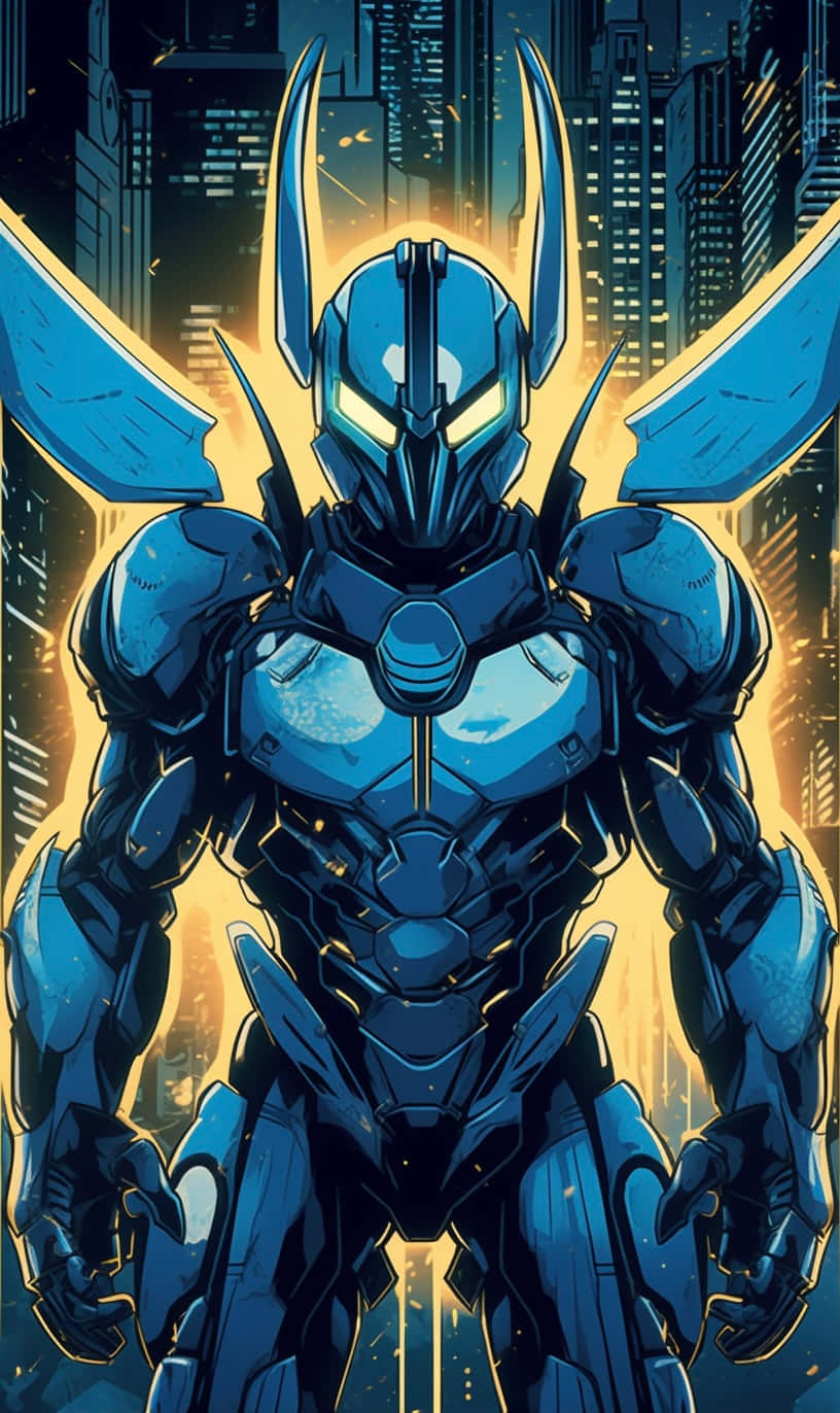 Blue Beetle, glowing city skyline, night, HD Phone Wallpaper