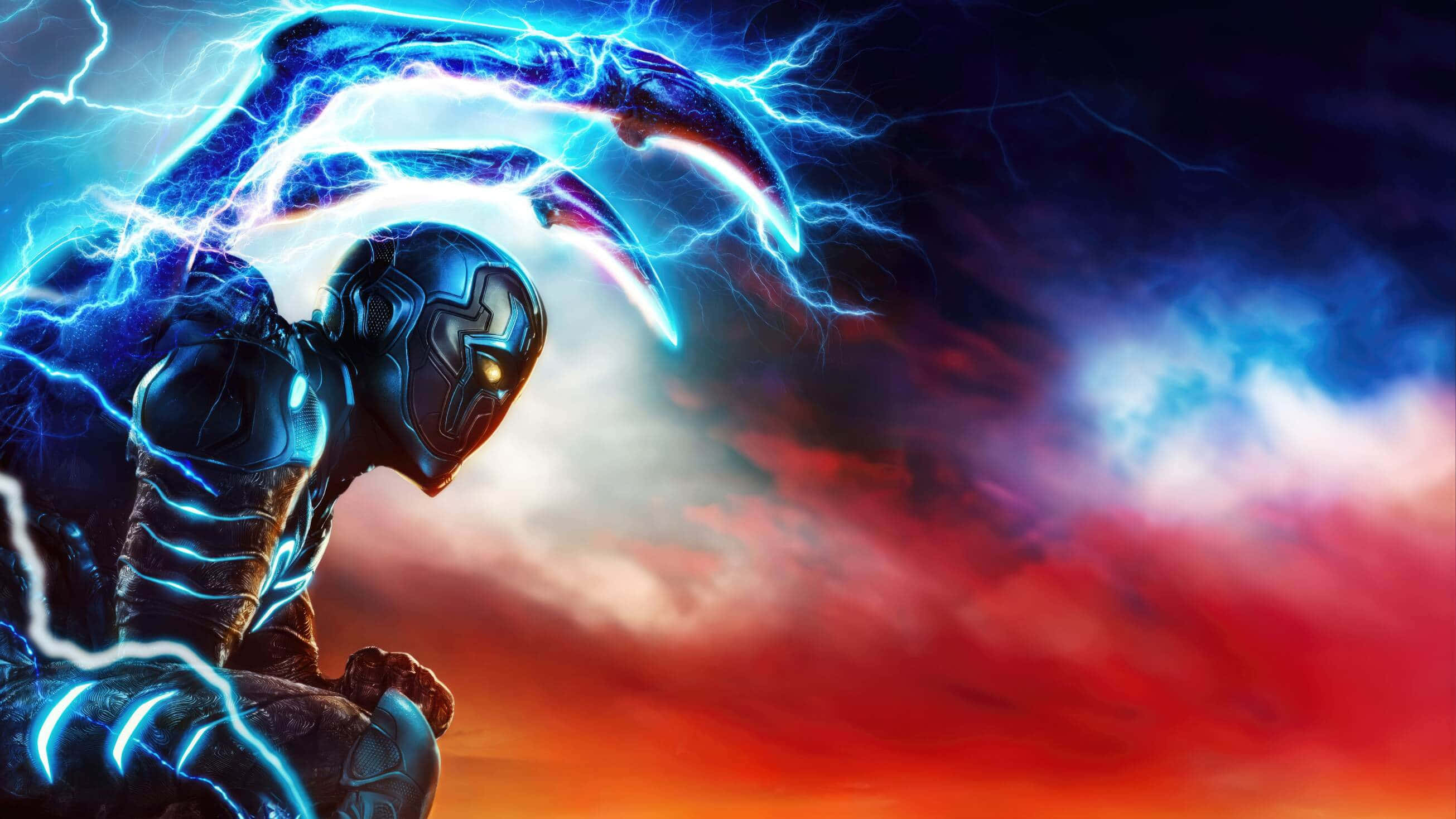 Blue Beetle, glowing blue lightning claws, dramatic red and blue sky, 2K Desktop Wallpaper