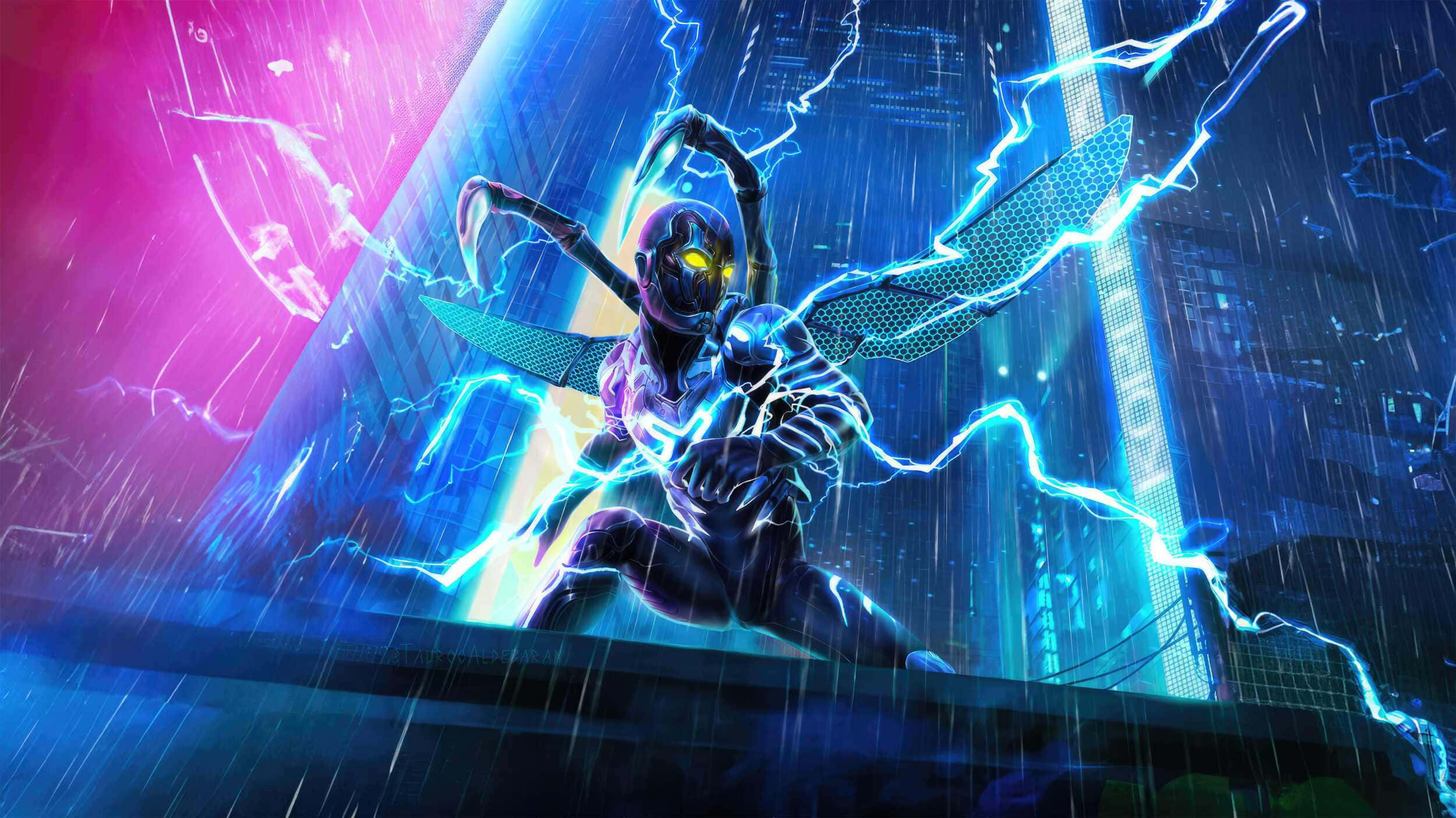 Blue Beetle, electric blue wings, glowing yellow eyes, Full HD Desktop Wallpaper