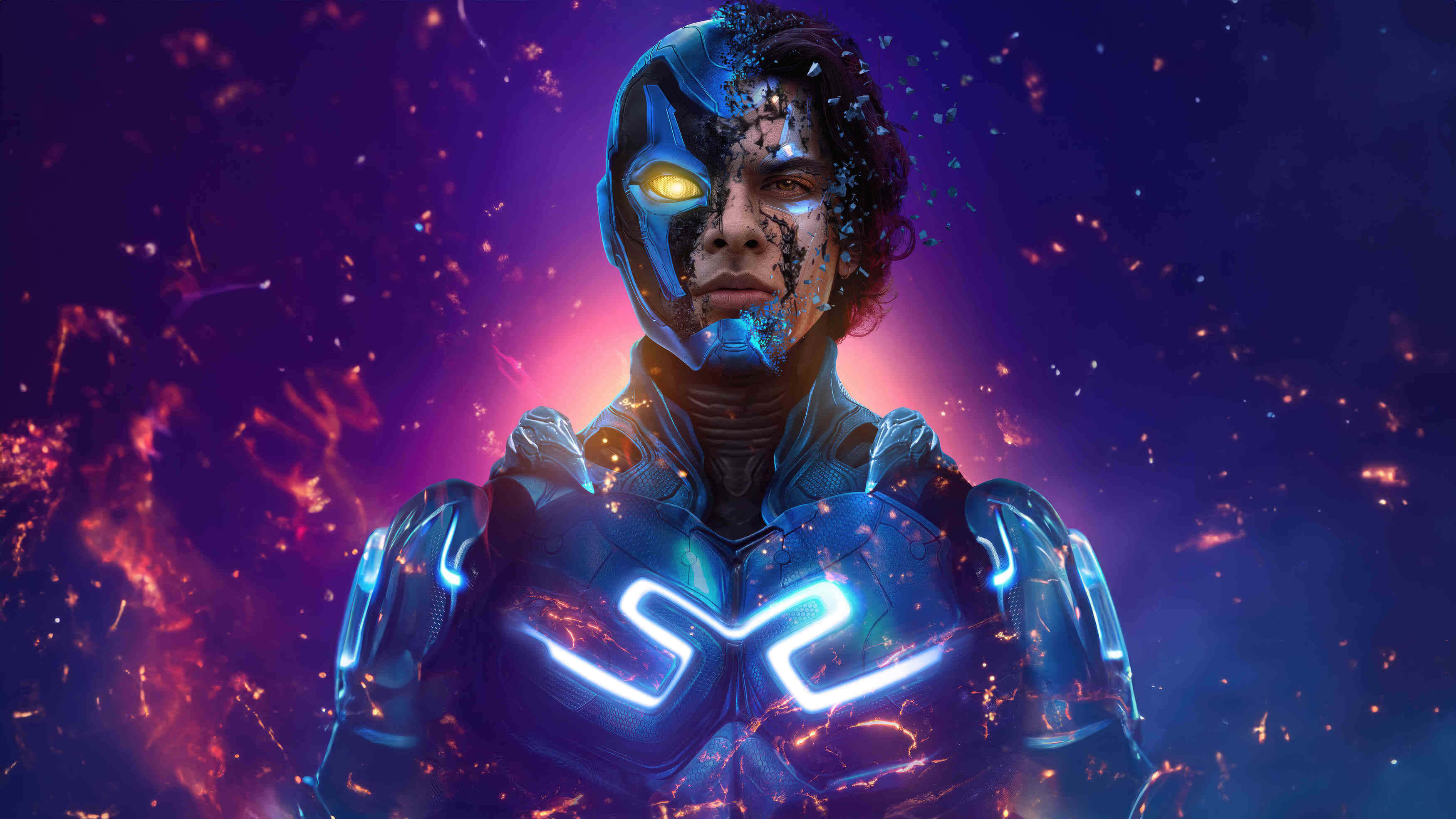 Blue Beetle, blue armor, glowing yellow eyes, 2K Desktop Wallpaper