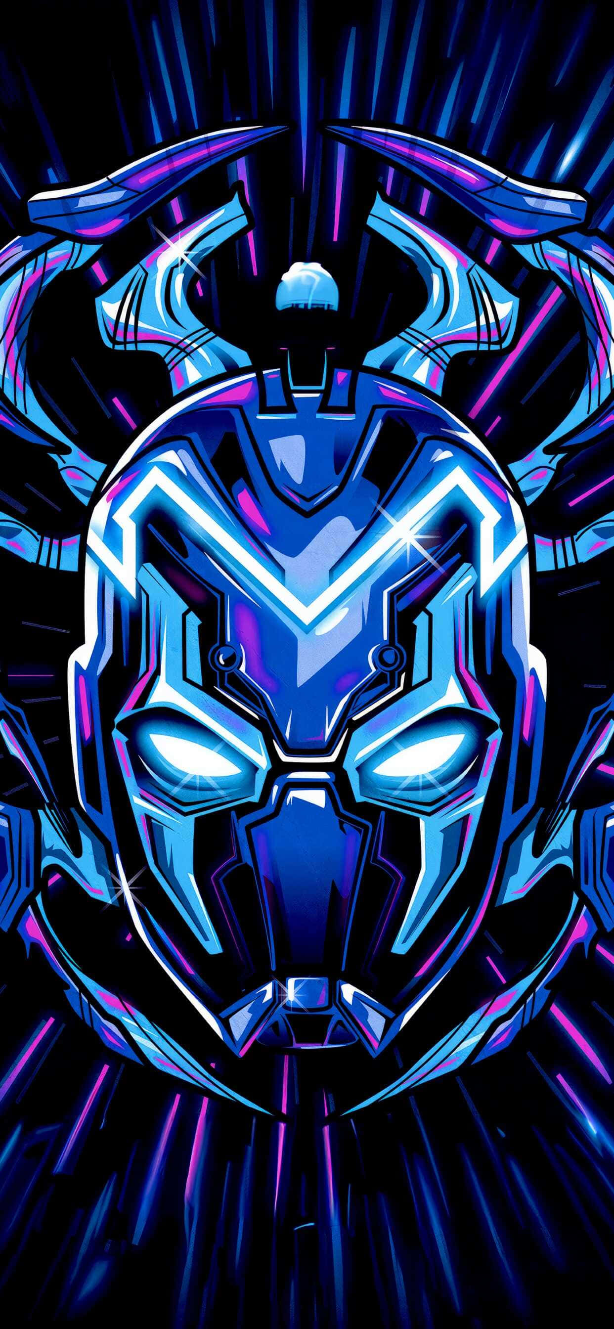 Blue Beetle, glowing blue, purple armored mask, 2K Phone Wallpaper