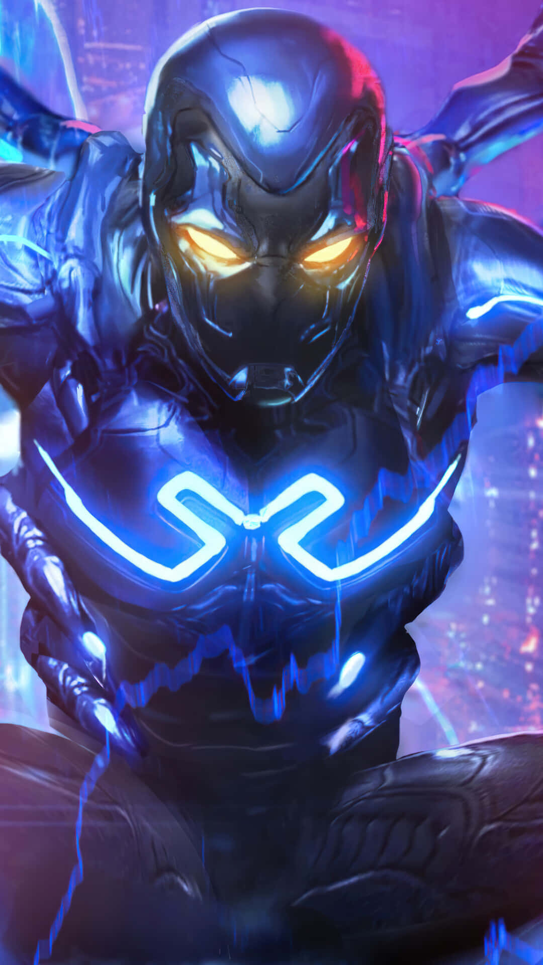 Blue Beetle, glowing orange eyes, blue neon accents, Full HD Phone Wallpaper