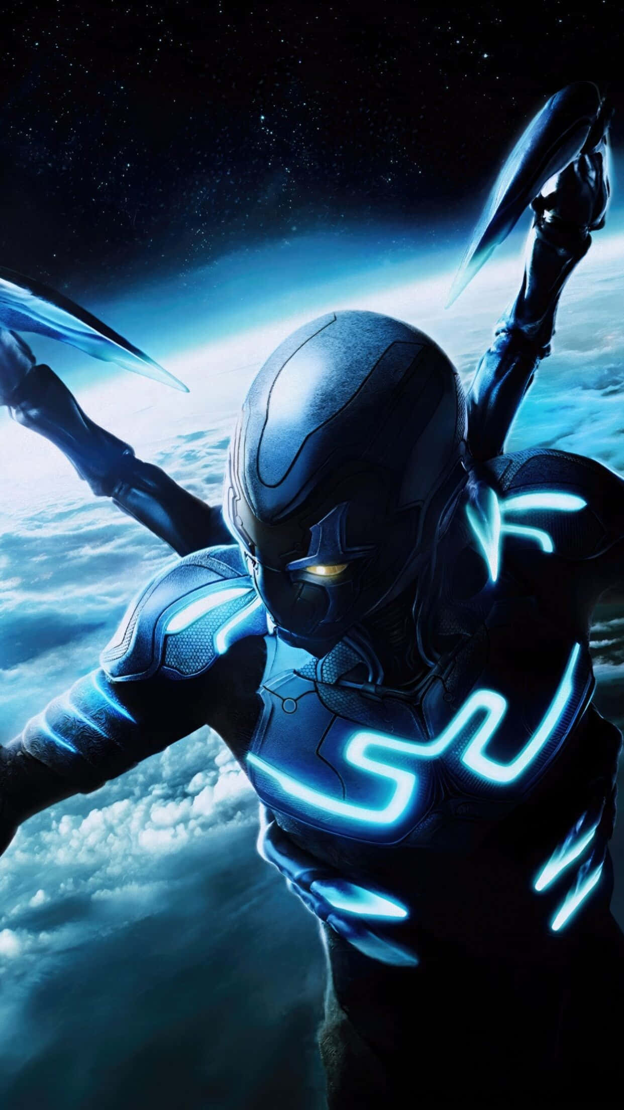 Blue Beetle, glowing blue armor, clouds, Full HD Phone Wallpaper