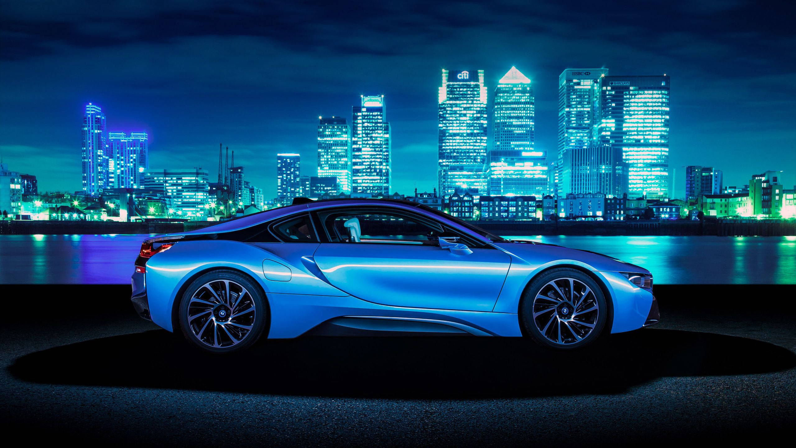 Blue BMW, sleek blue sports car, neon lights, 2K Desktop Wallpaper