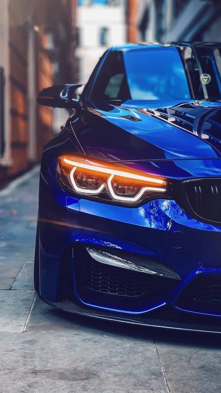 Blue BMW, glossy blue, glowing headlights, HD Phone Wallpaper