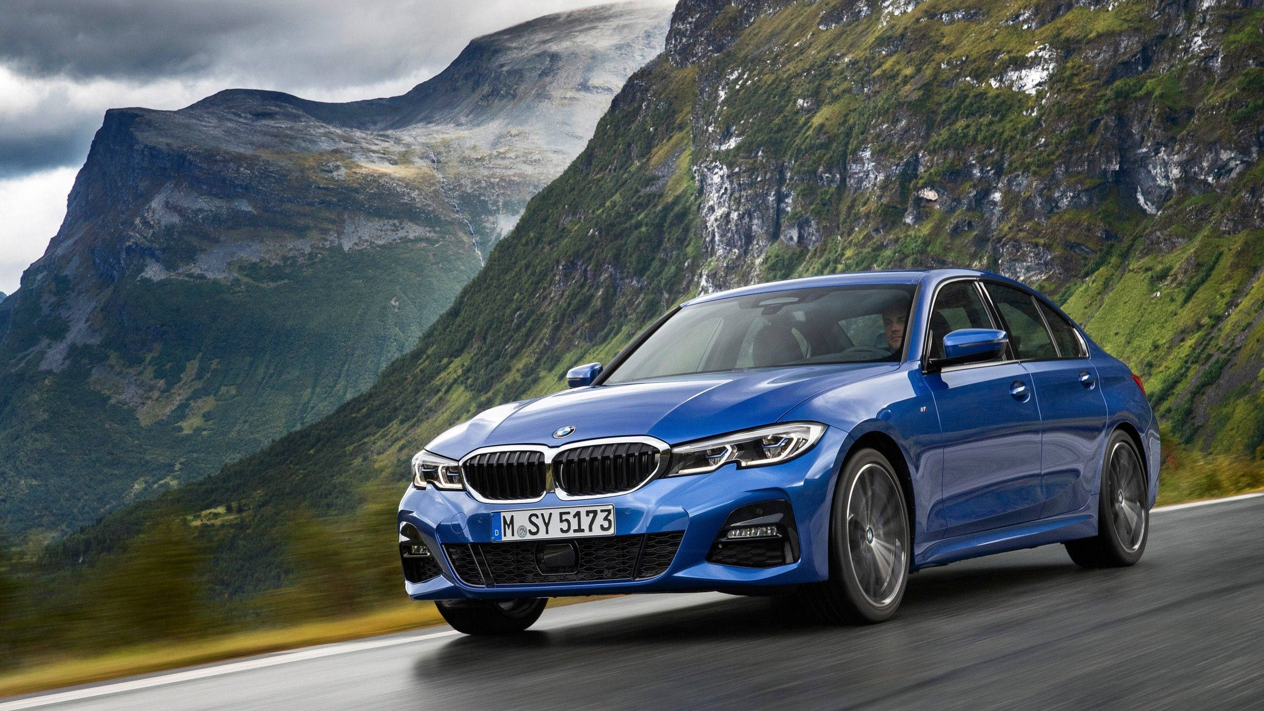 Blue BMW, sedan, winding mountain road, 2K Desktop Wallpaper