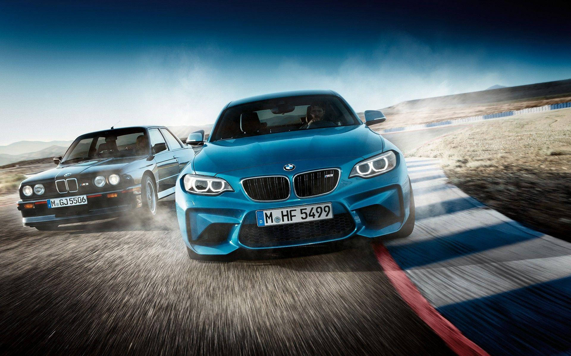 Blue BMW, race track, dusty track, Full HD Desktop Wallpaper