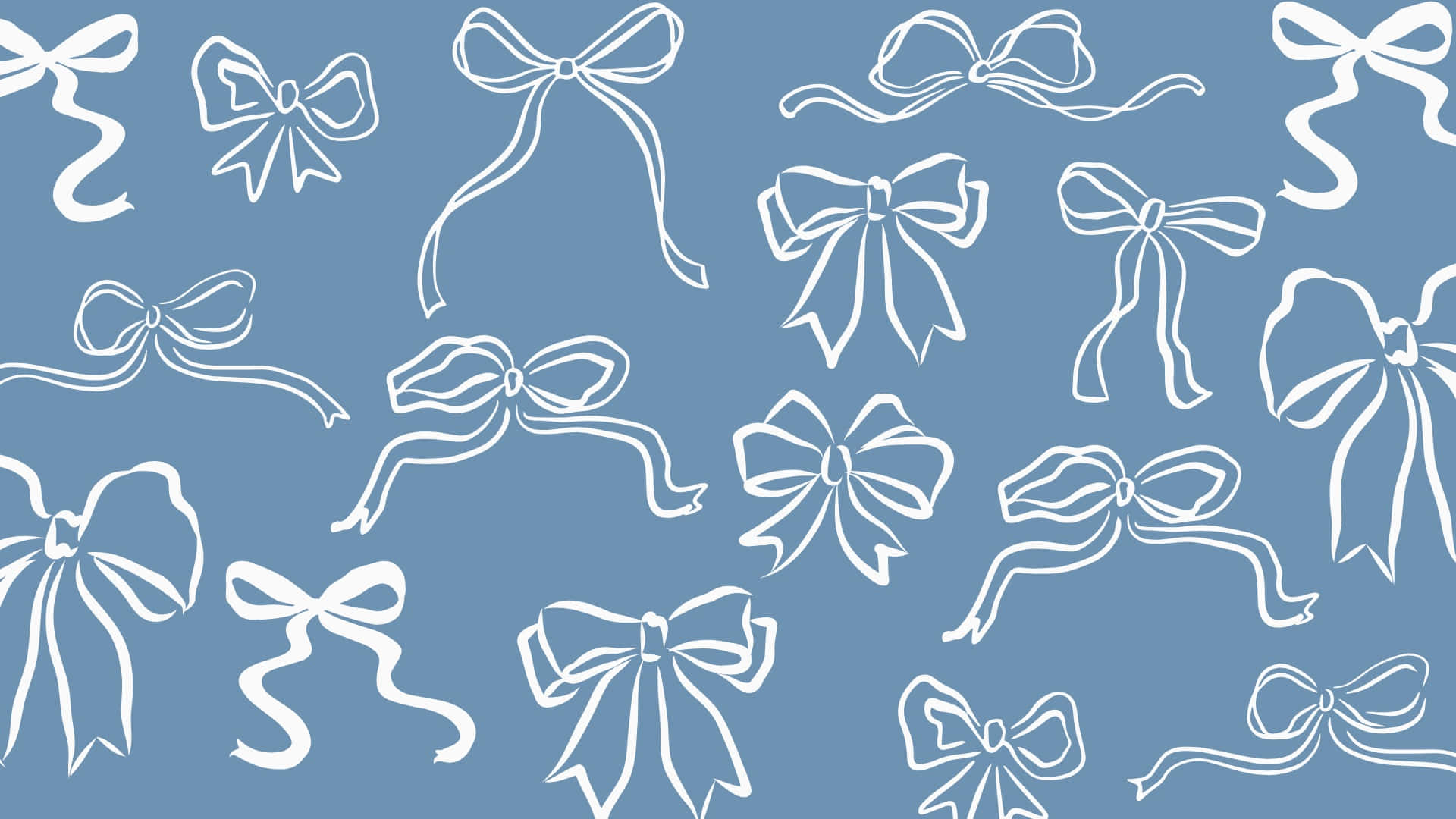 Blue Bow, white line-drawn bows, solid blue background, Full HD Desktop Wallpaper