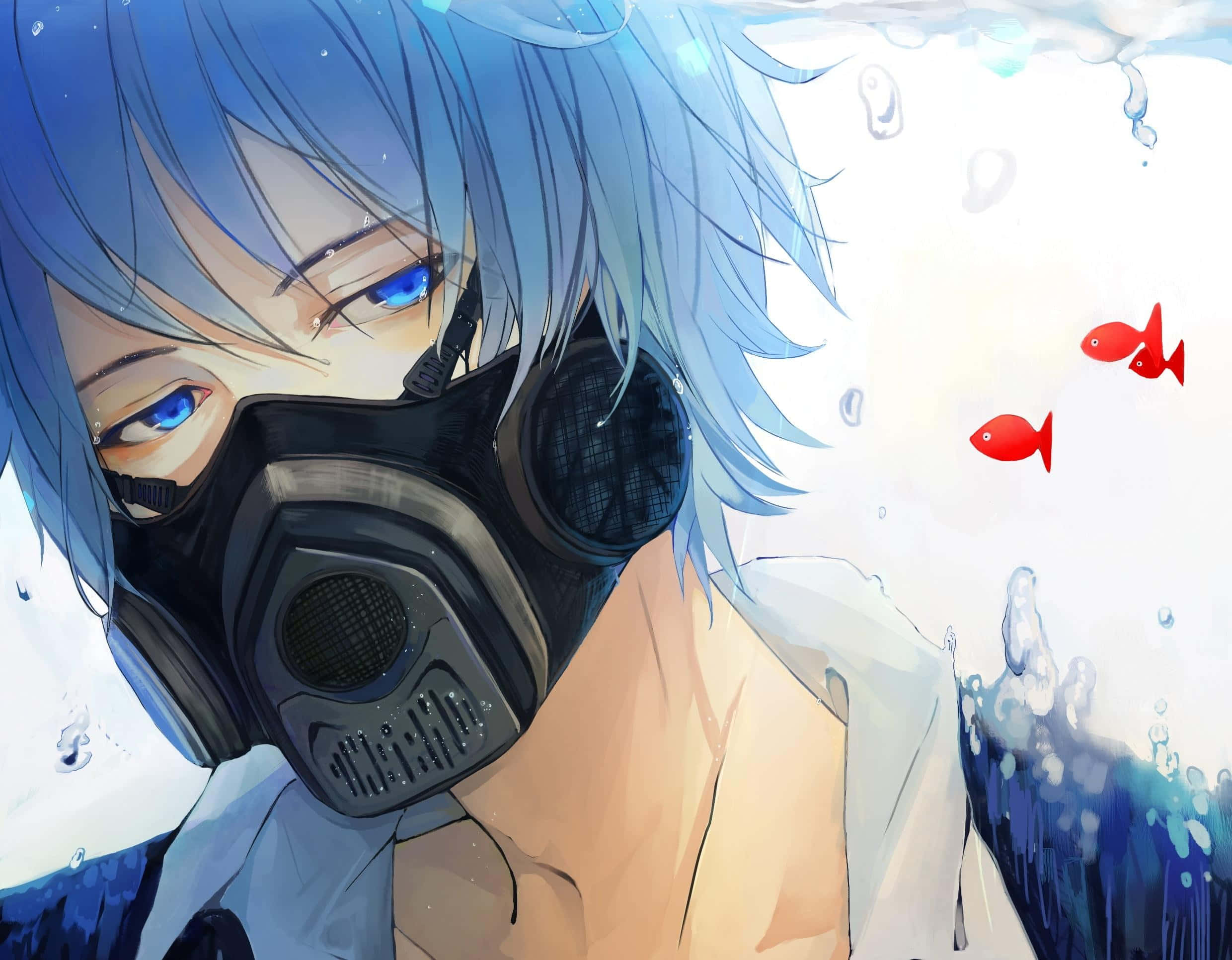 Blue Boy, blue-haired, gas mask, Full HD Desktop Wallpaper