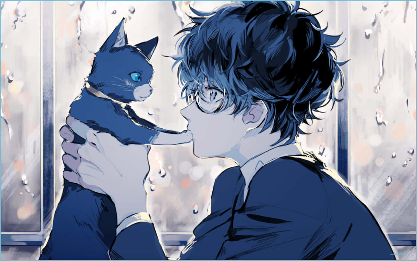 blue boy, young man with glasses, blue cat with glowing eyes, HD Desktop Wallpaper