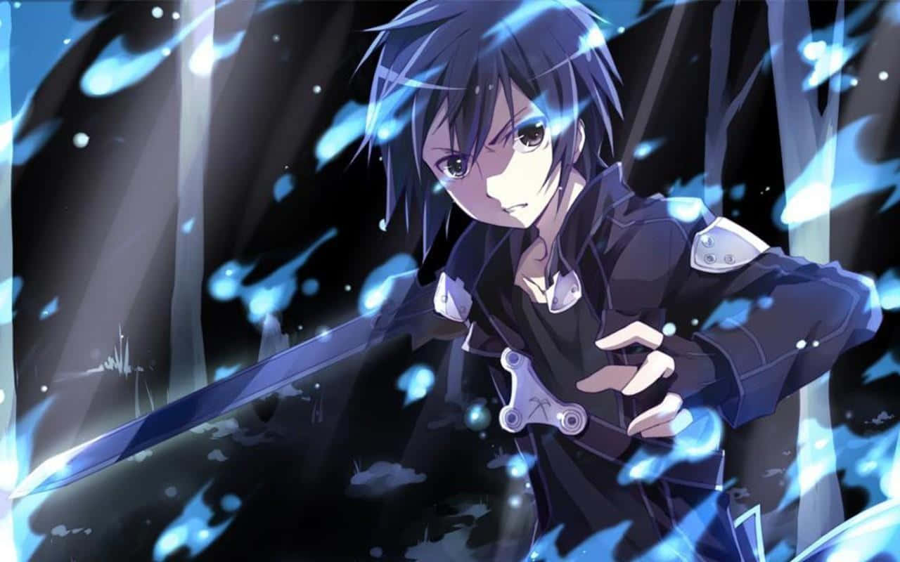 blue-haired boy, glowing blue sword, swirling magical energy, HD Desktop Wallpaper