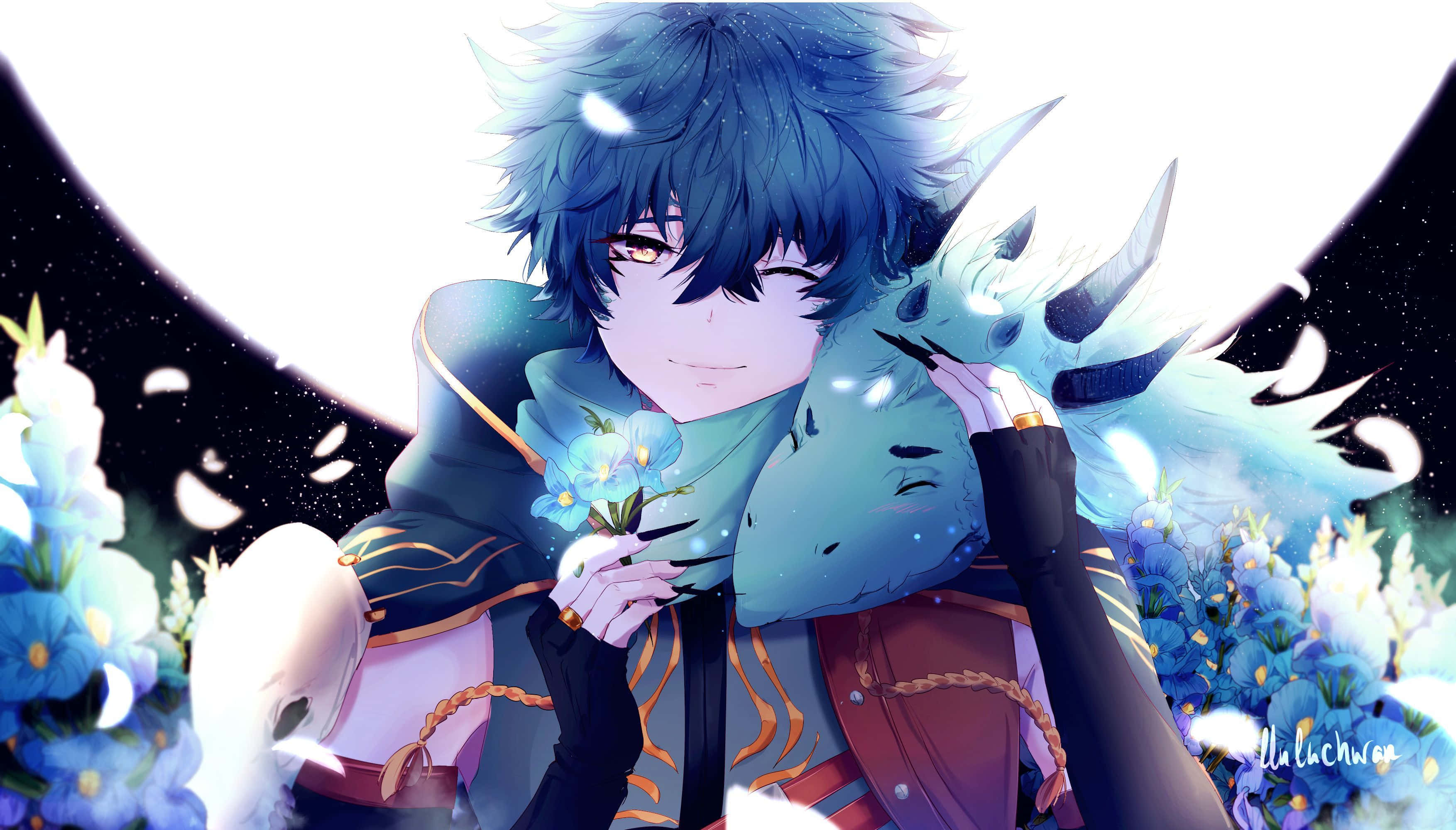 Blue Boy, dragon companion, blue-haired anime boy, 2K Desktop Wallpaper