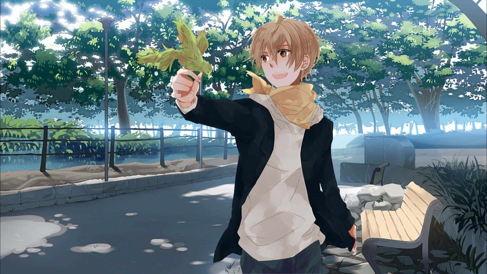 Anime Blue Boy, blonde hair, green leaf, Full HD Desktop Wallpaper