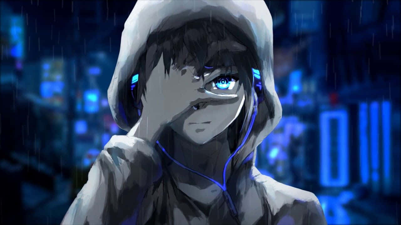 Blue Boy, hooded anime teen, glowing blue eyes, HD Desktop Wallpaper