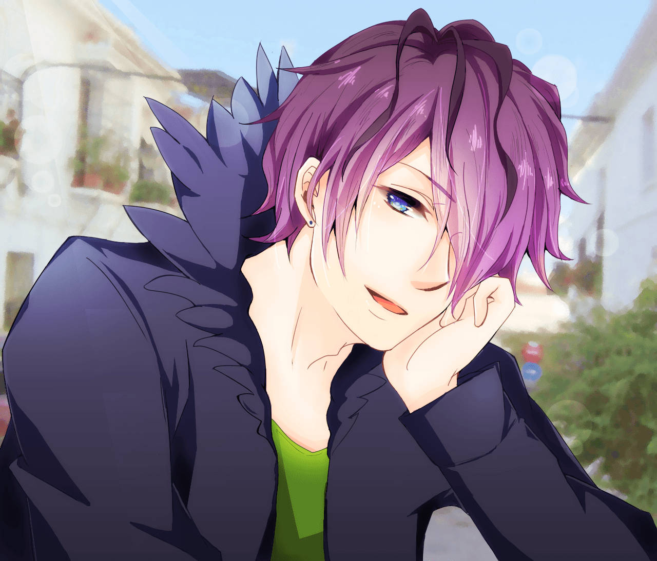 anime blue boy, purple-haired, blue eyes, HD Desktop Wallpaper