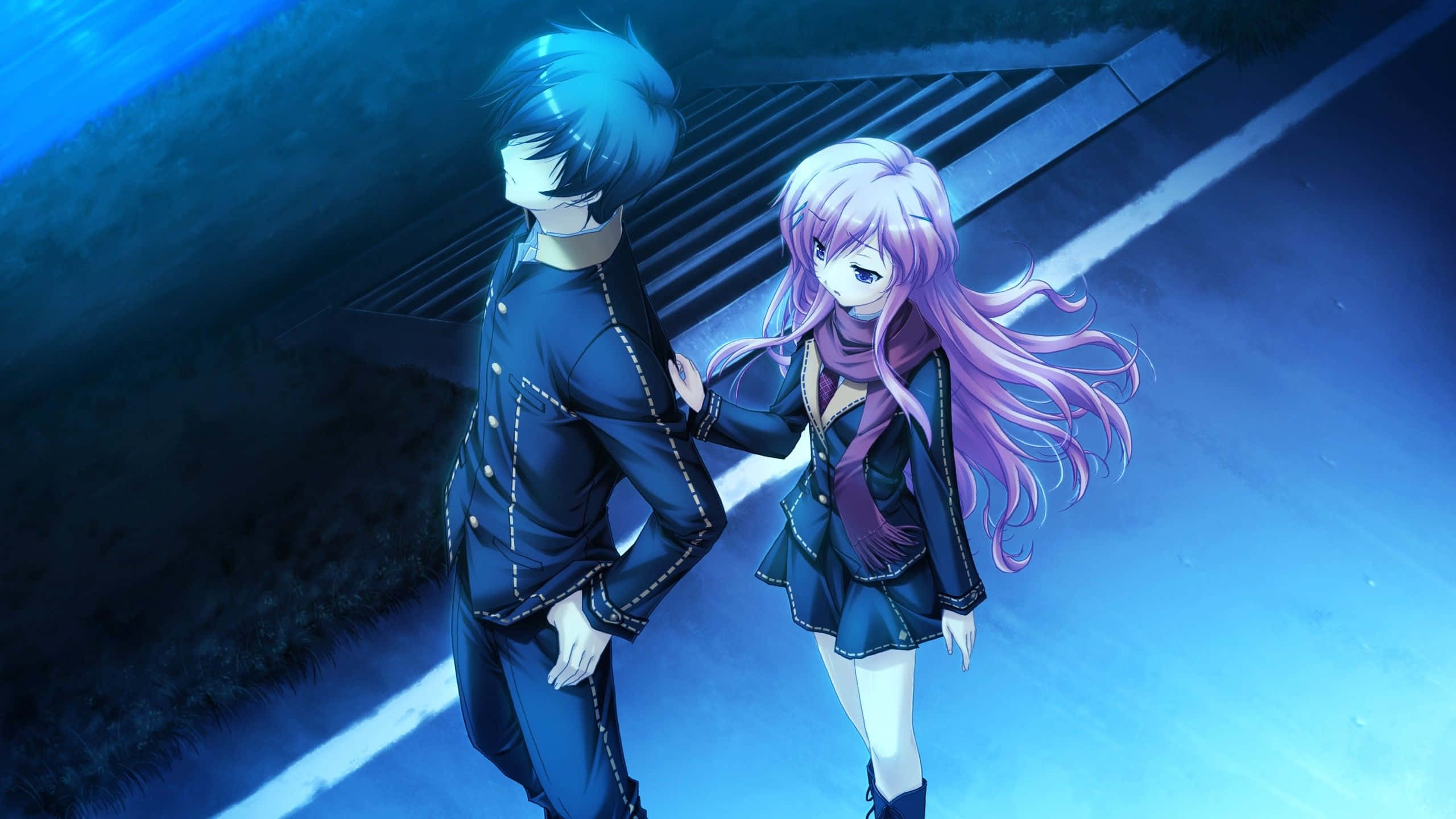 Blue Boy, anime girl, blue neon lights, 2K Desktop Wallpaper