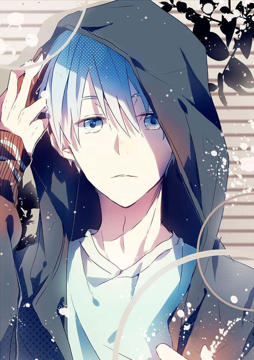 blue-haired anime boy, dark hoodie, striped background, SD Phone Wallpaper
