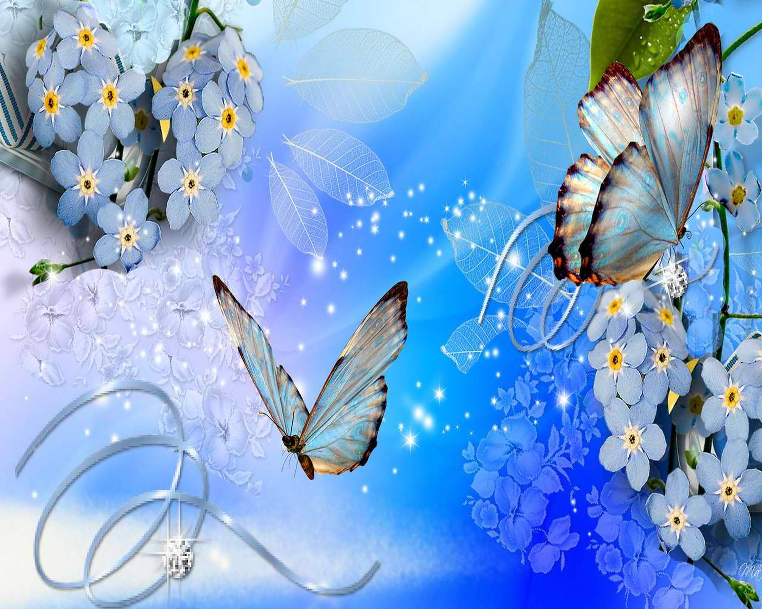 Blue Butterfly Aesthetic, forget-me-nots, iridescent blue butterflies, 2K Desktop Wallpaper