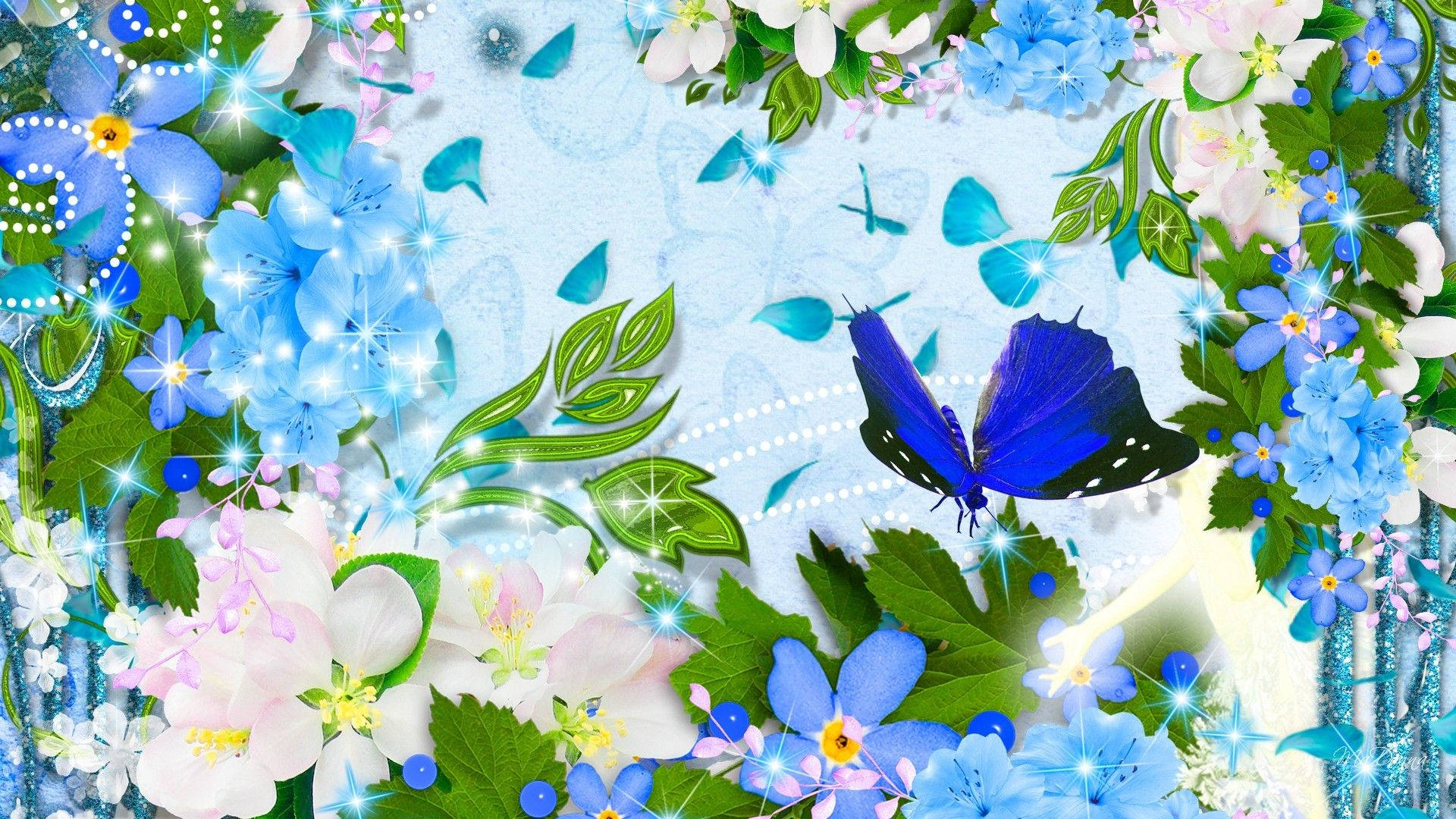 Blue Butterfly Aesthetic, garden, glowing blue flowers, Full HD Desktop Wallpaper