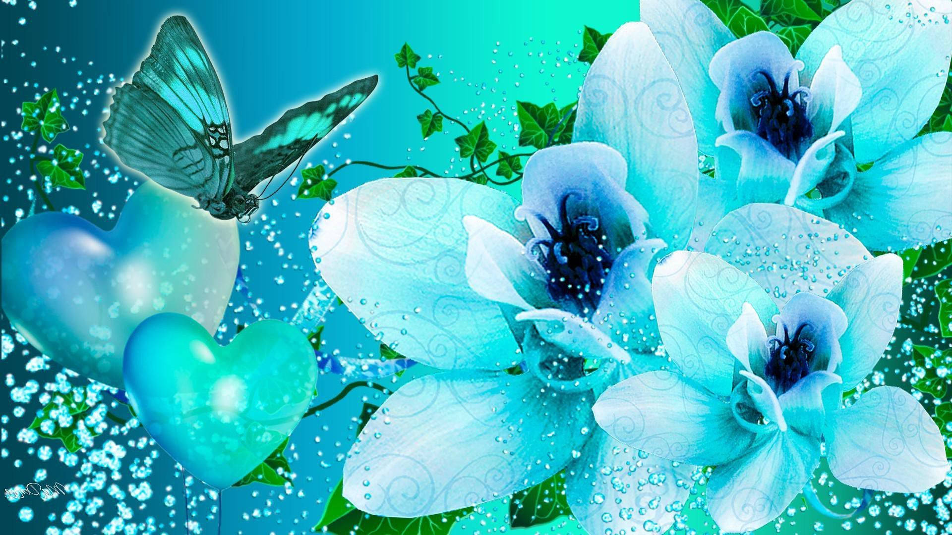 blue butterfly aesthetic, turquoise orchids, swirling patterns, Full HD Desktop Wallpaper