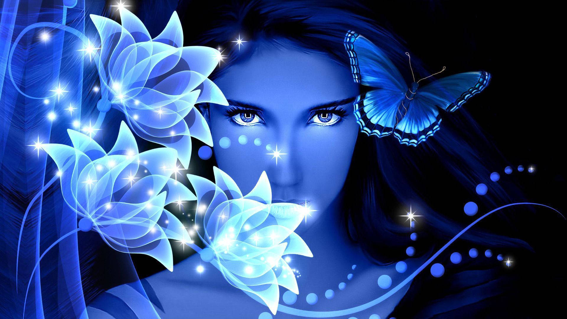 Blue Butterfly Aesthetic, glowing blue woman, butterfly and lotus flowers, Full HD Desktop Wallpaper