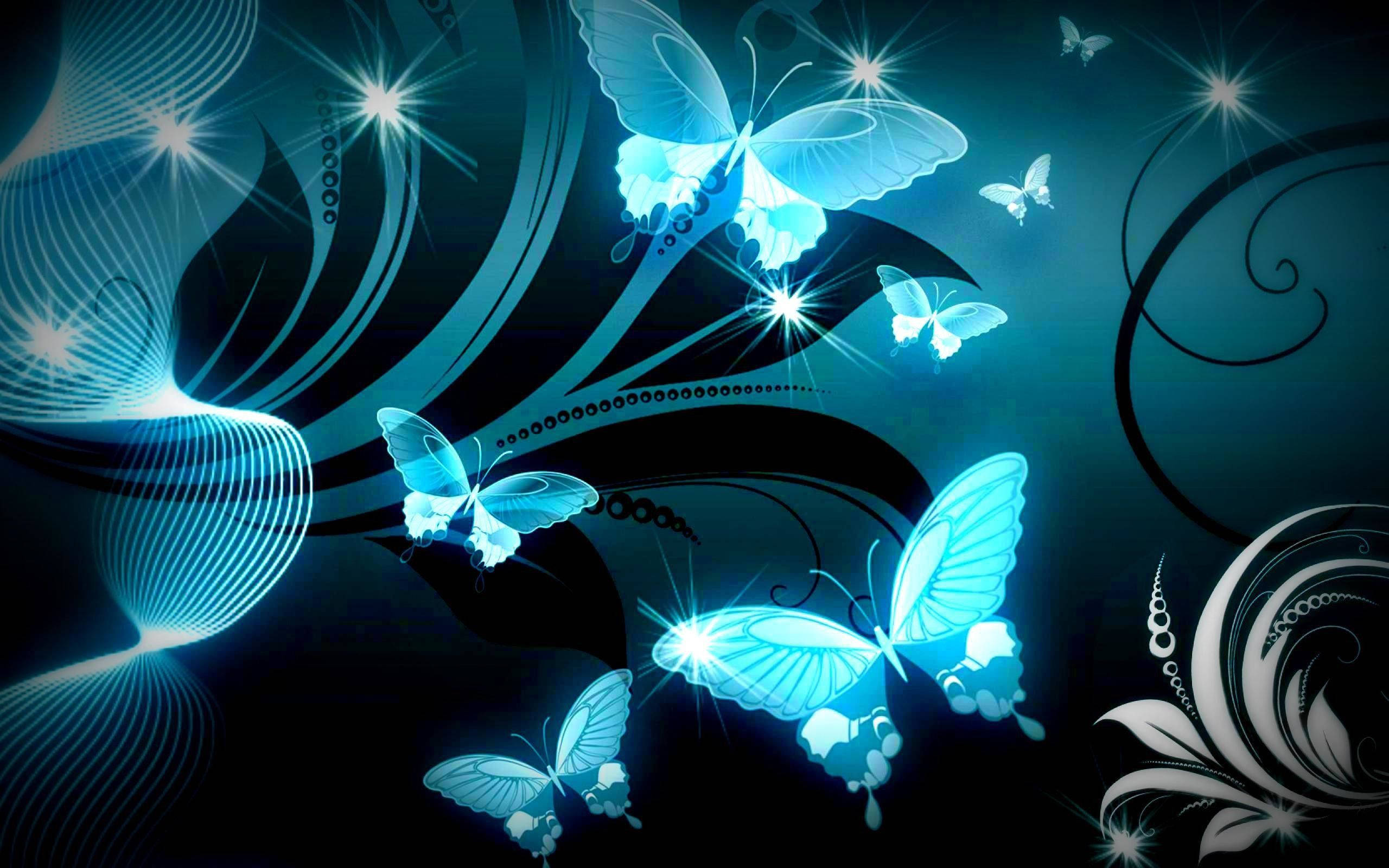 Dark Blue Butterfly Aesthetic, glowing blue butterflies, radiant light streaks, 2K Desktop Wallpaper