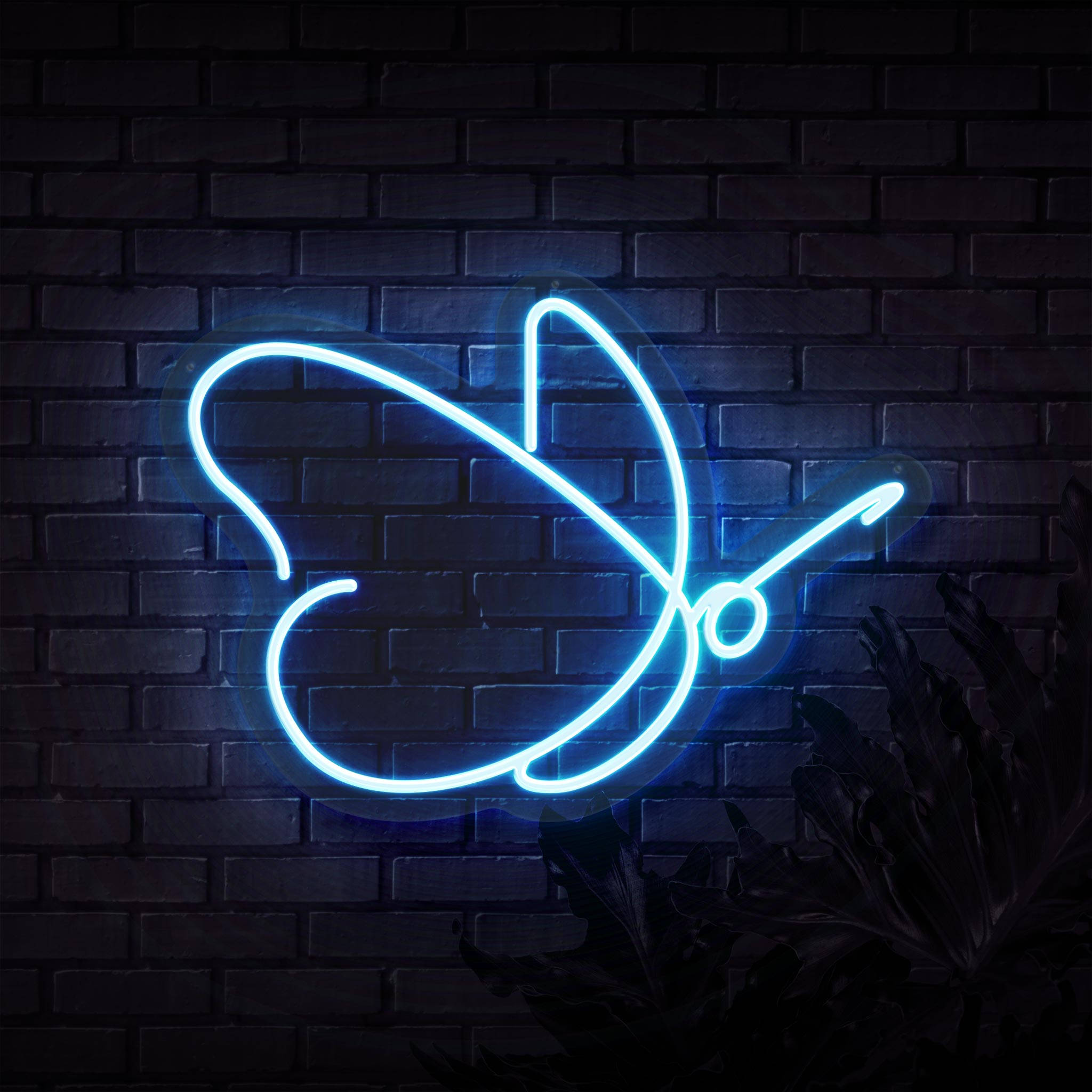 Cool Blue LED Butterfly, glowing blue neon butterfly sign, dark brick wall, Full HD Desktop Wallpaper