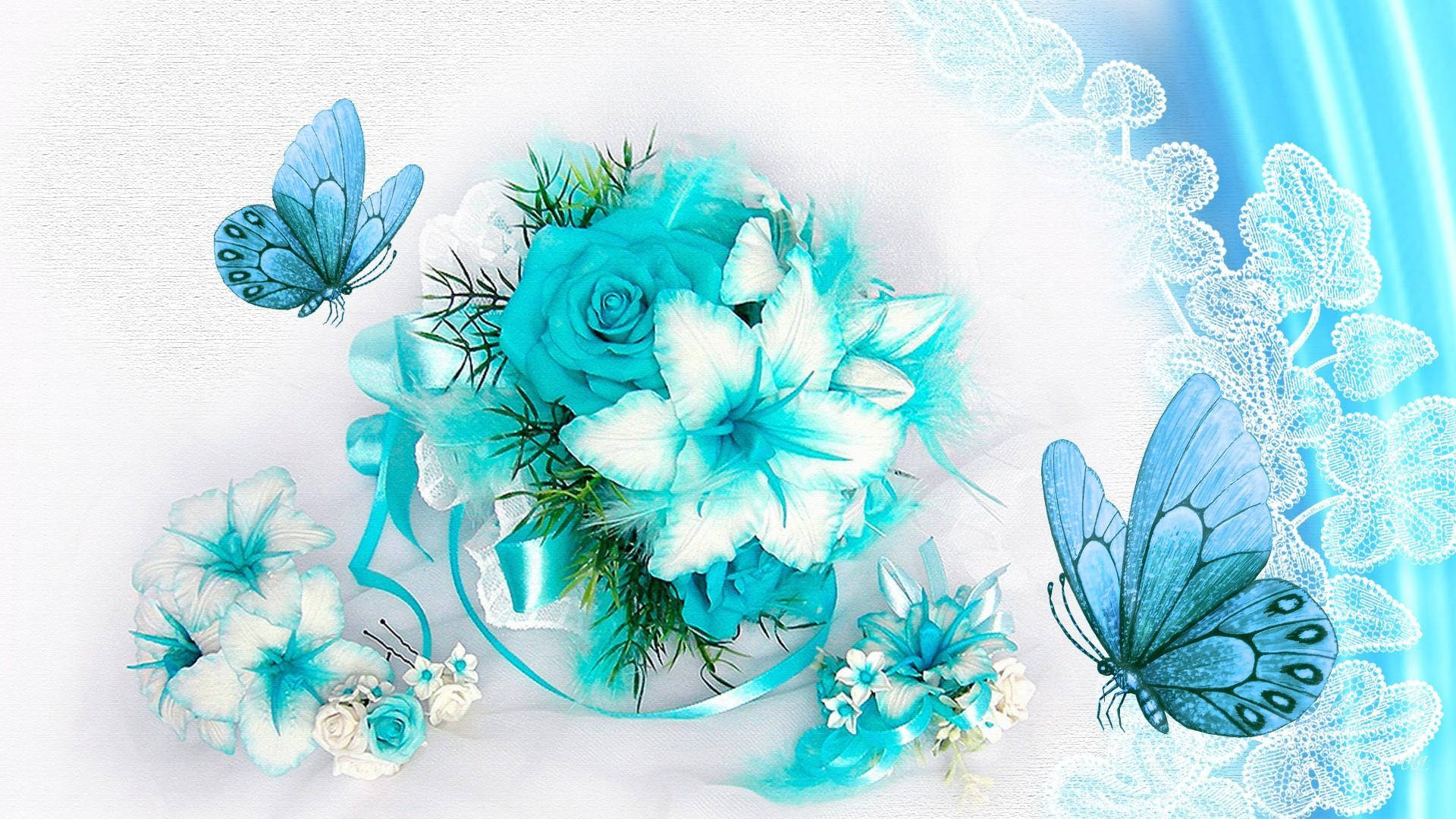 dichromatic blue butterfly, turquoise, floral bouquet, Full HD Desktop Wallpaper