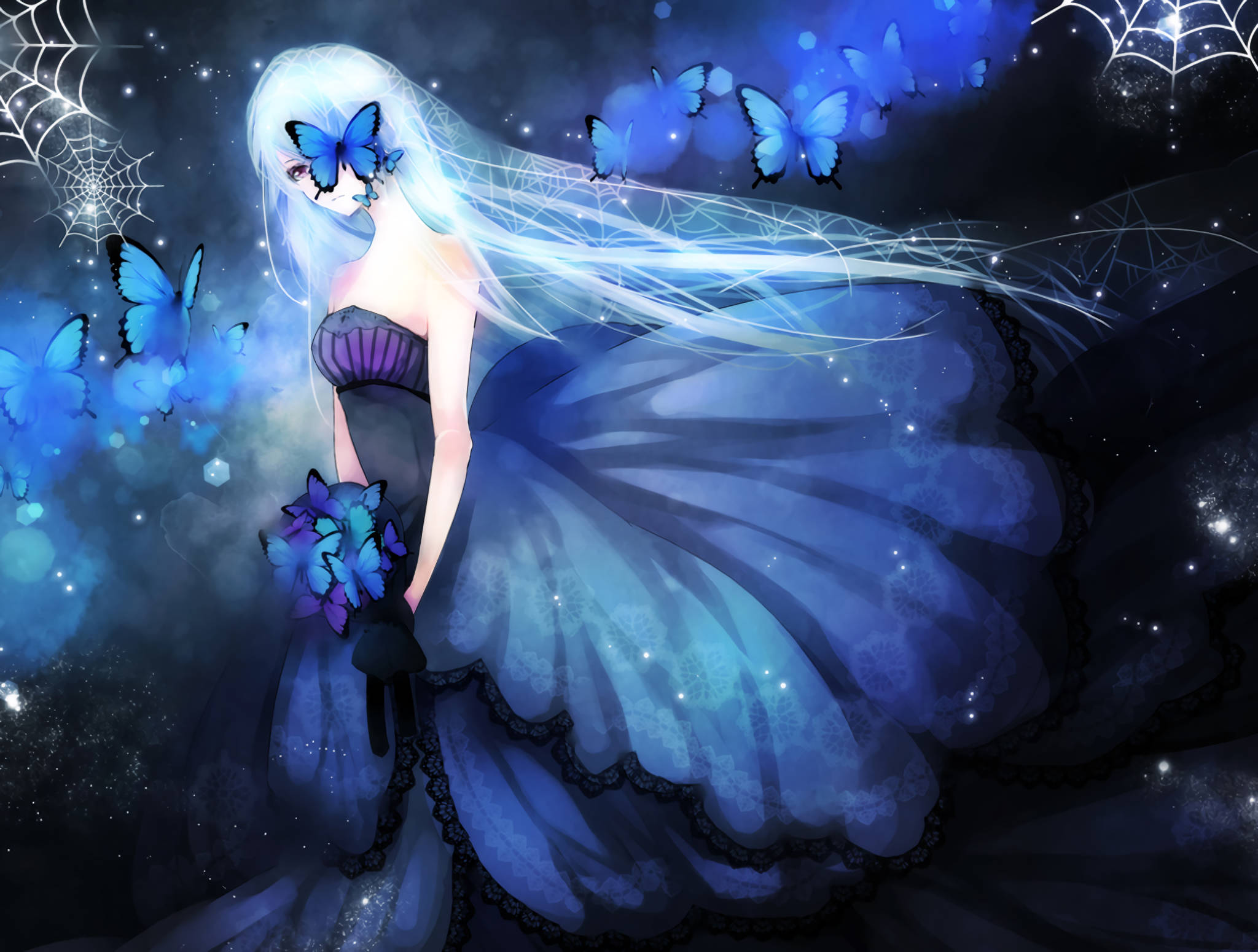 Blue Butterfly, white anime girl, blue-haired, Full HD Desktop Wallpaper