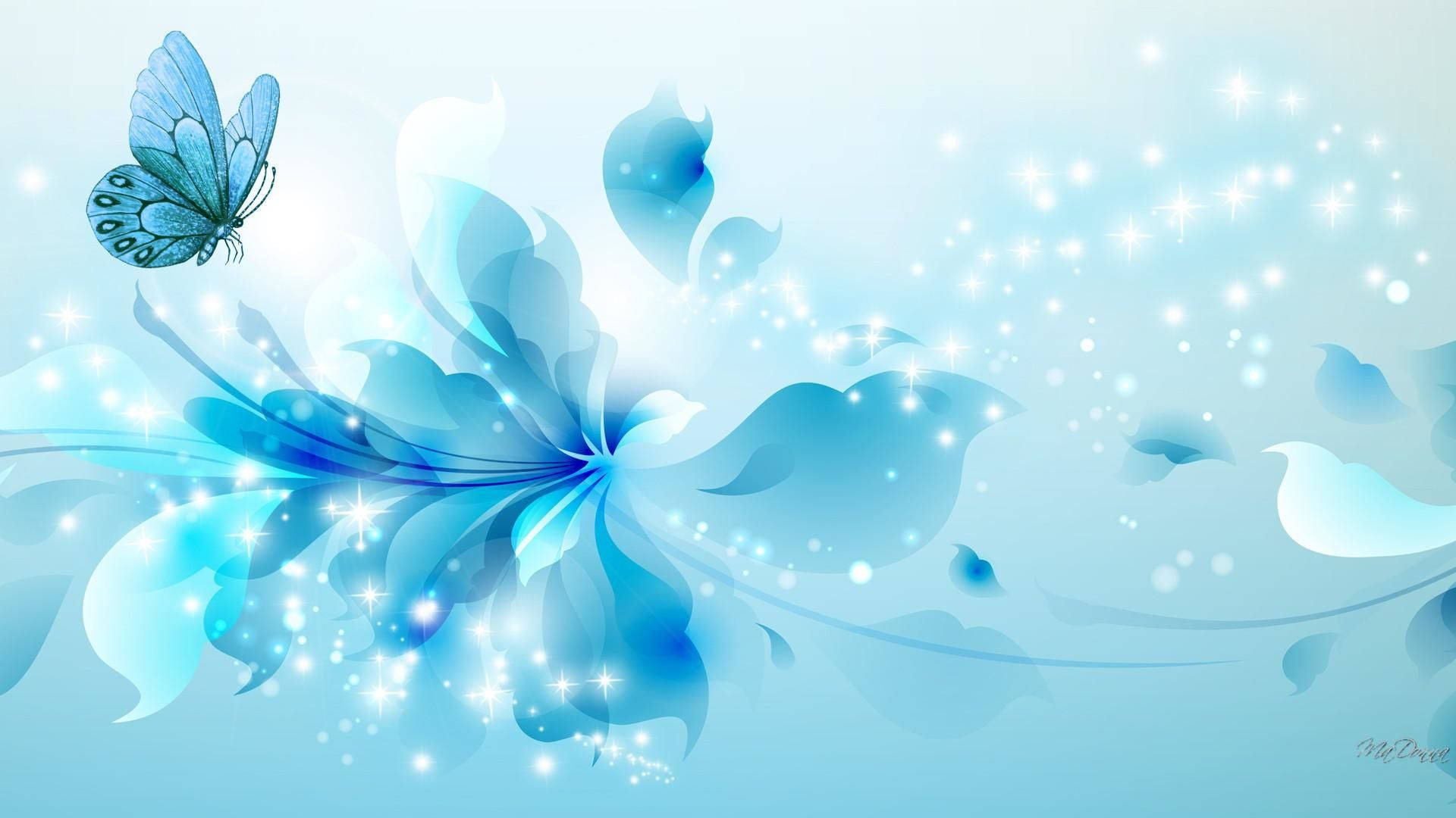 glowing blue butterfly, radiant abstract floral bloom, sparkling light particles, Full HD Desktop Wallpaper