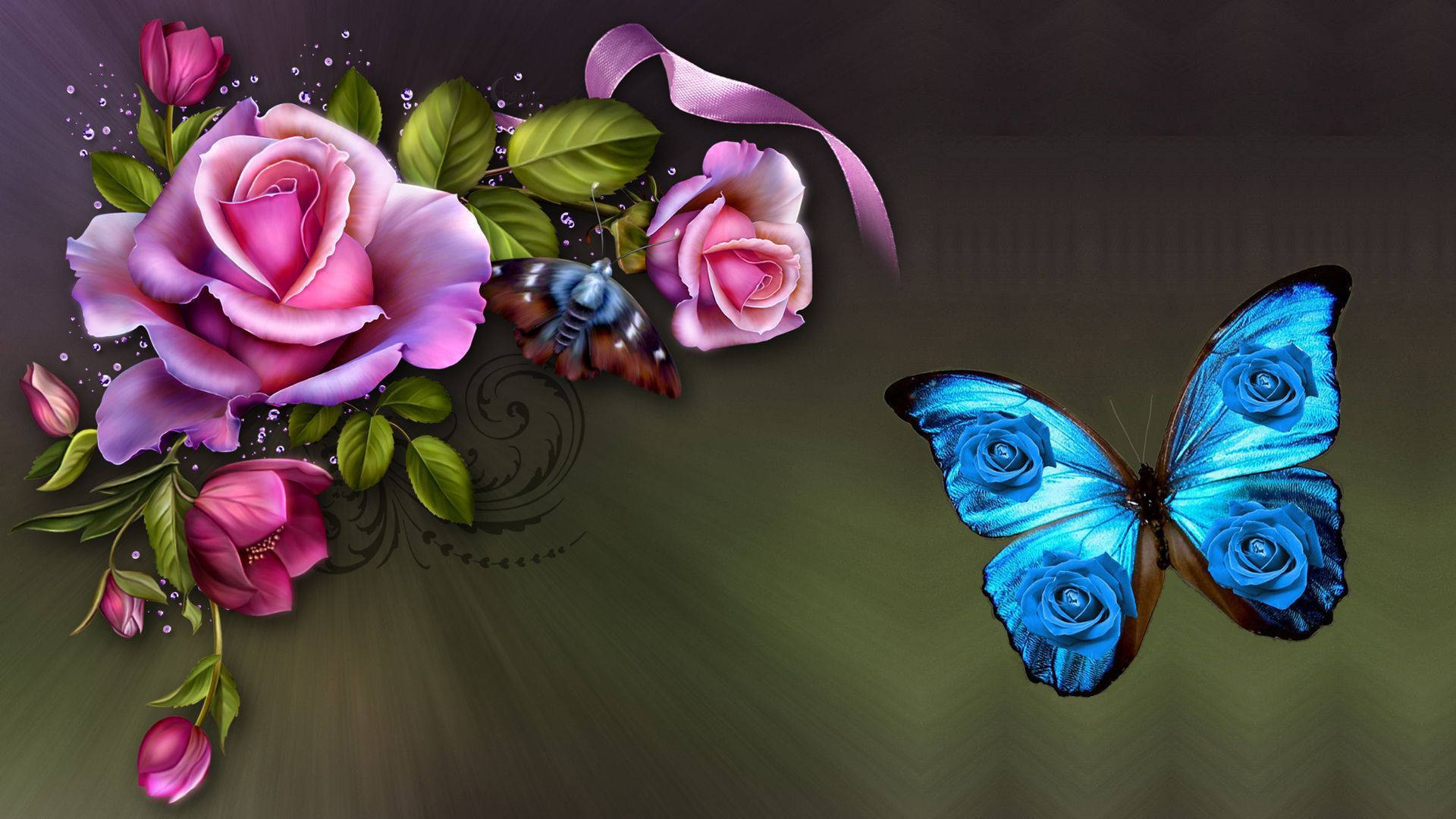 Sharp Blue Butterfly, vibrant pink roses, striking blue butterfly, Full HD Desktop Wallpaper