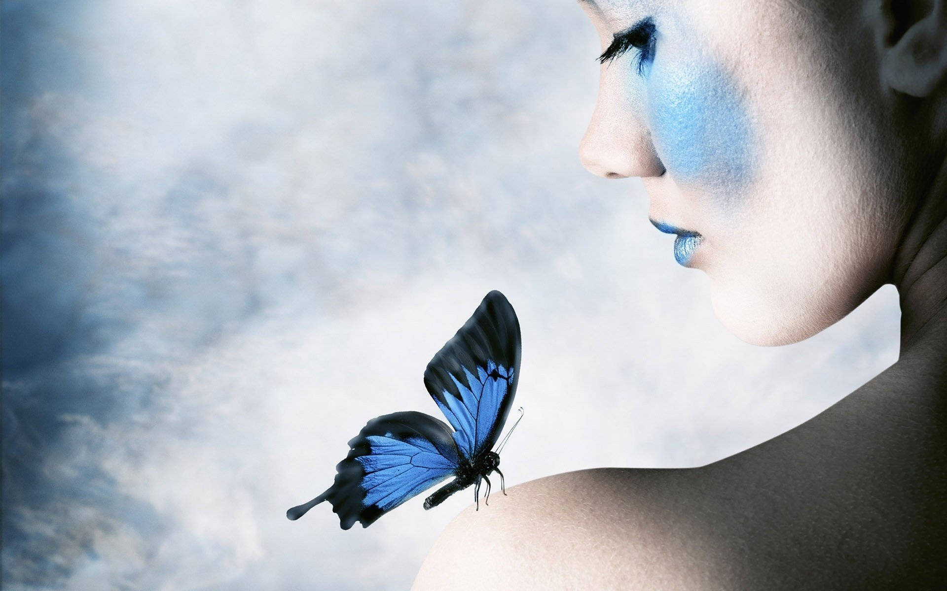Blue Butterfly, blue painted face, blue and black butterfly, Full HD Desktop Wallpaper