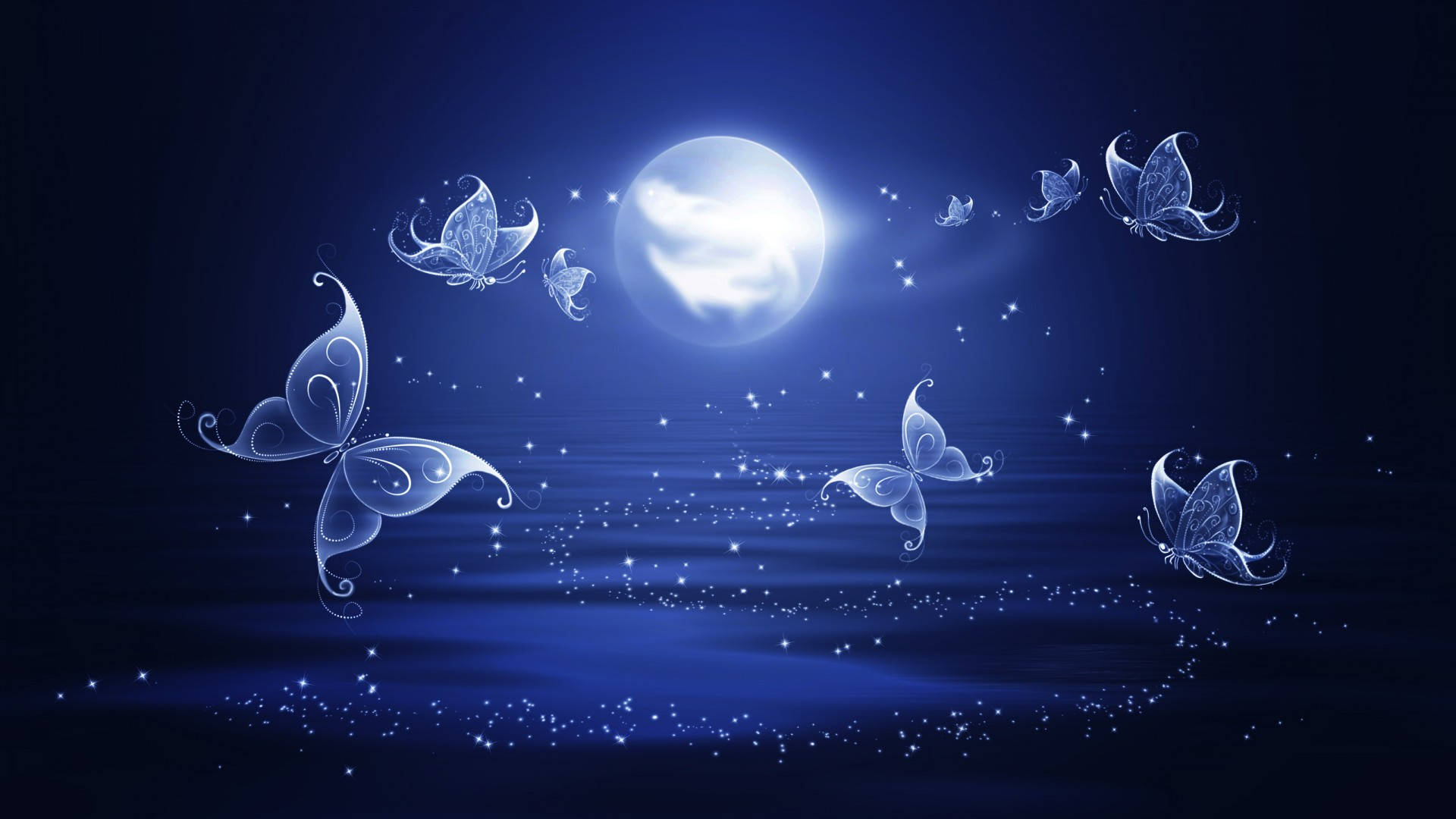 white and blue butterfly, glowing blue butterflies, bright full moon, Full HD Desktop Wallpaper