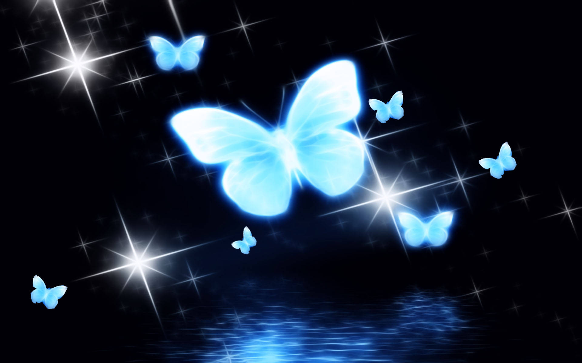 Light Blue Butterfly, glowing blue butterflies, sparkling stars, Full HD Desktop Wallpaper