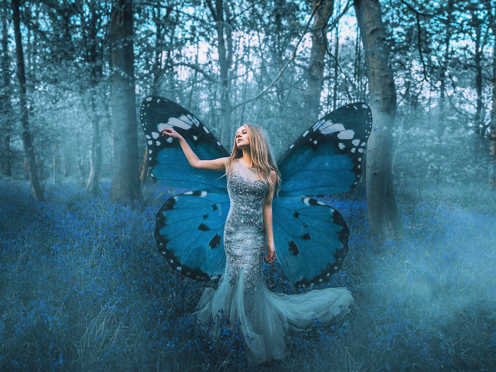 Blue Butterfly, woman, massive blue butterfly wings, Full HD Desktop Wallpaper