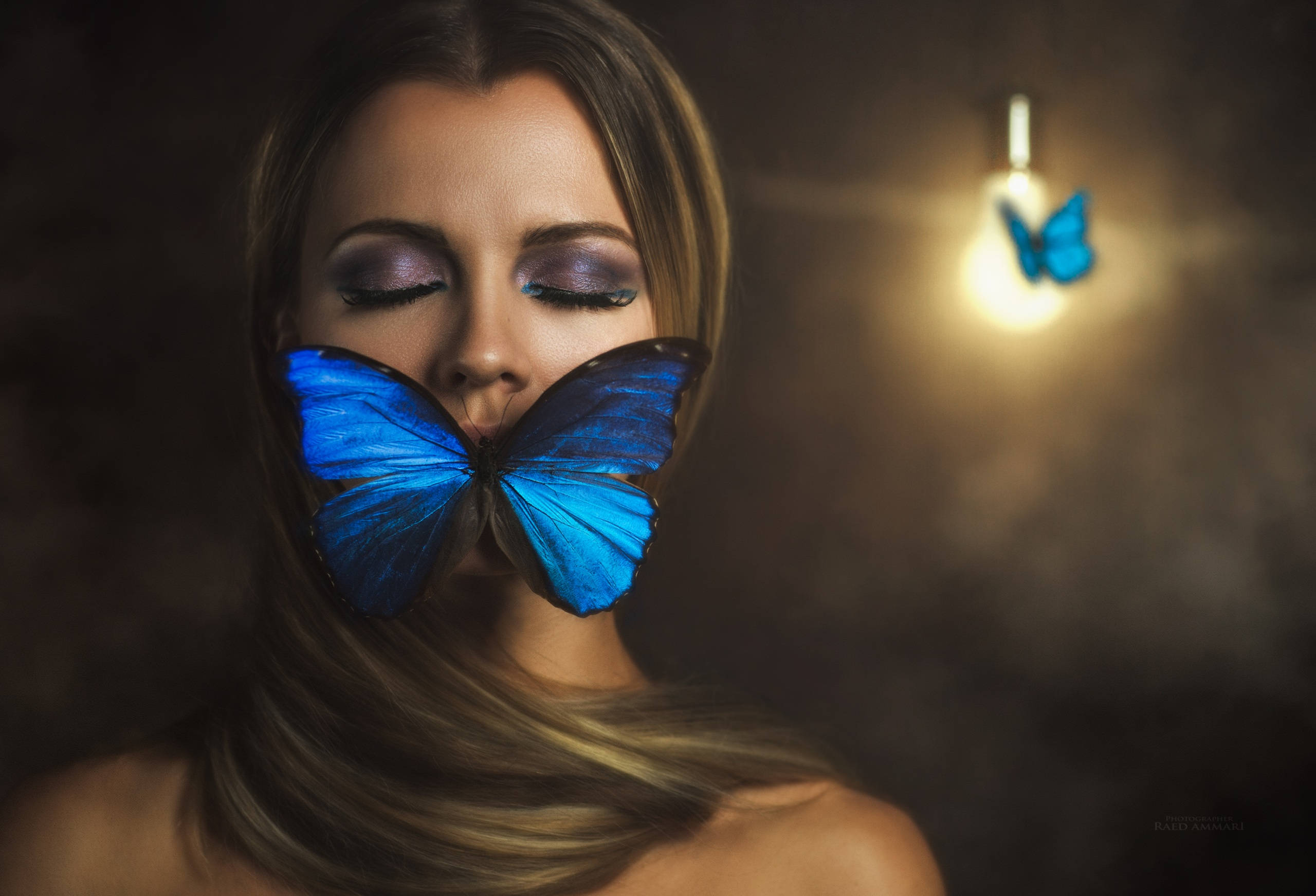 blue butterfly, covered mouth, purple eyeshadow, 2K Desktop Wallpaper