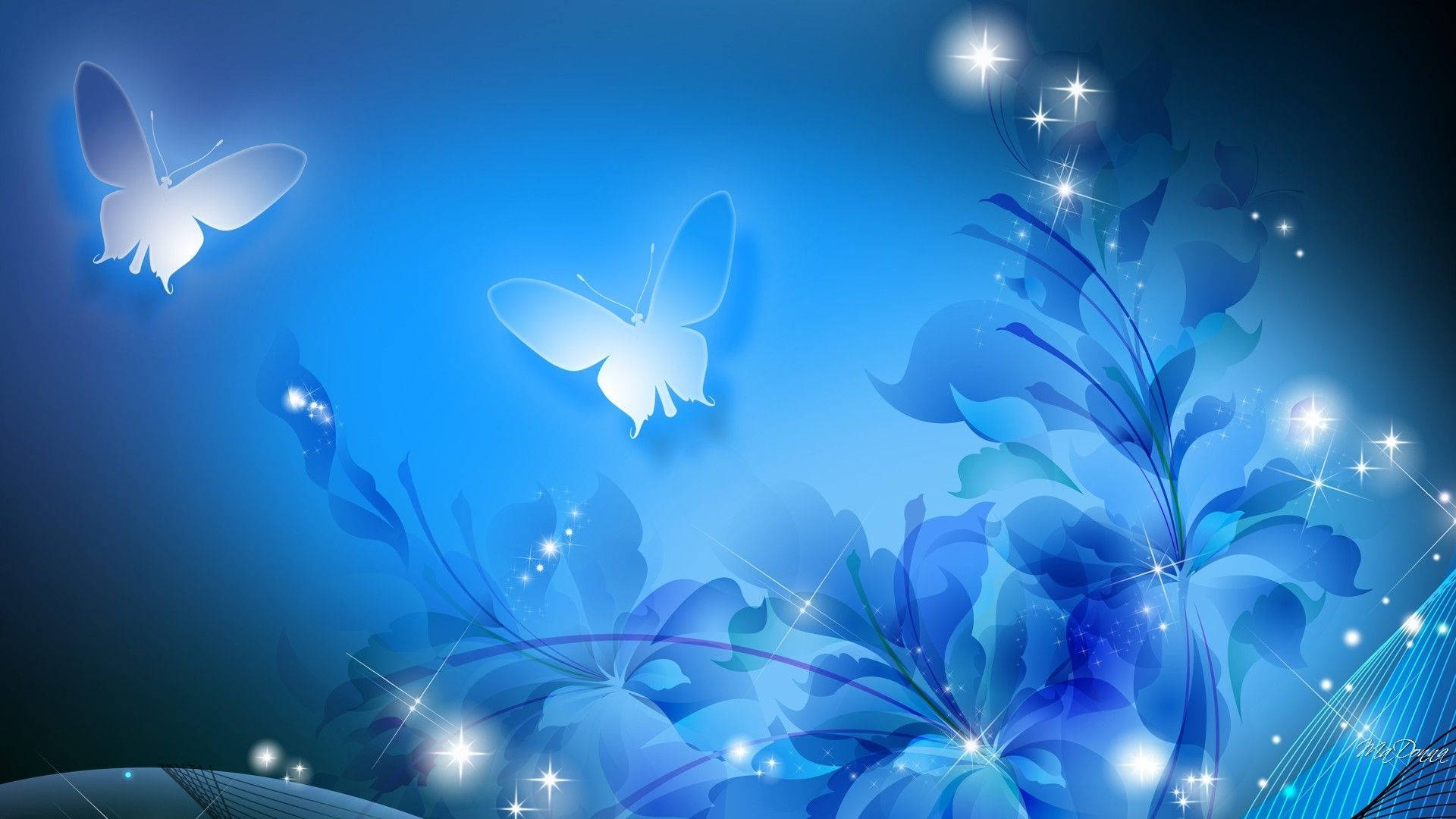 Pretty Blue Sparkly Butterflies, glowing white butterflies, radiant blue floral swirls, Full HD Desktop Wallpaper